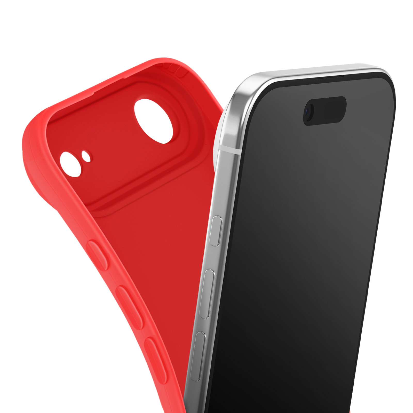Un smartphone à écran noir à côté d'une coque rouge. La coque a des trous pour l'appareil photo et les boutons.