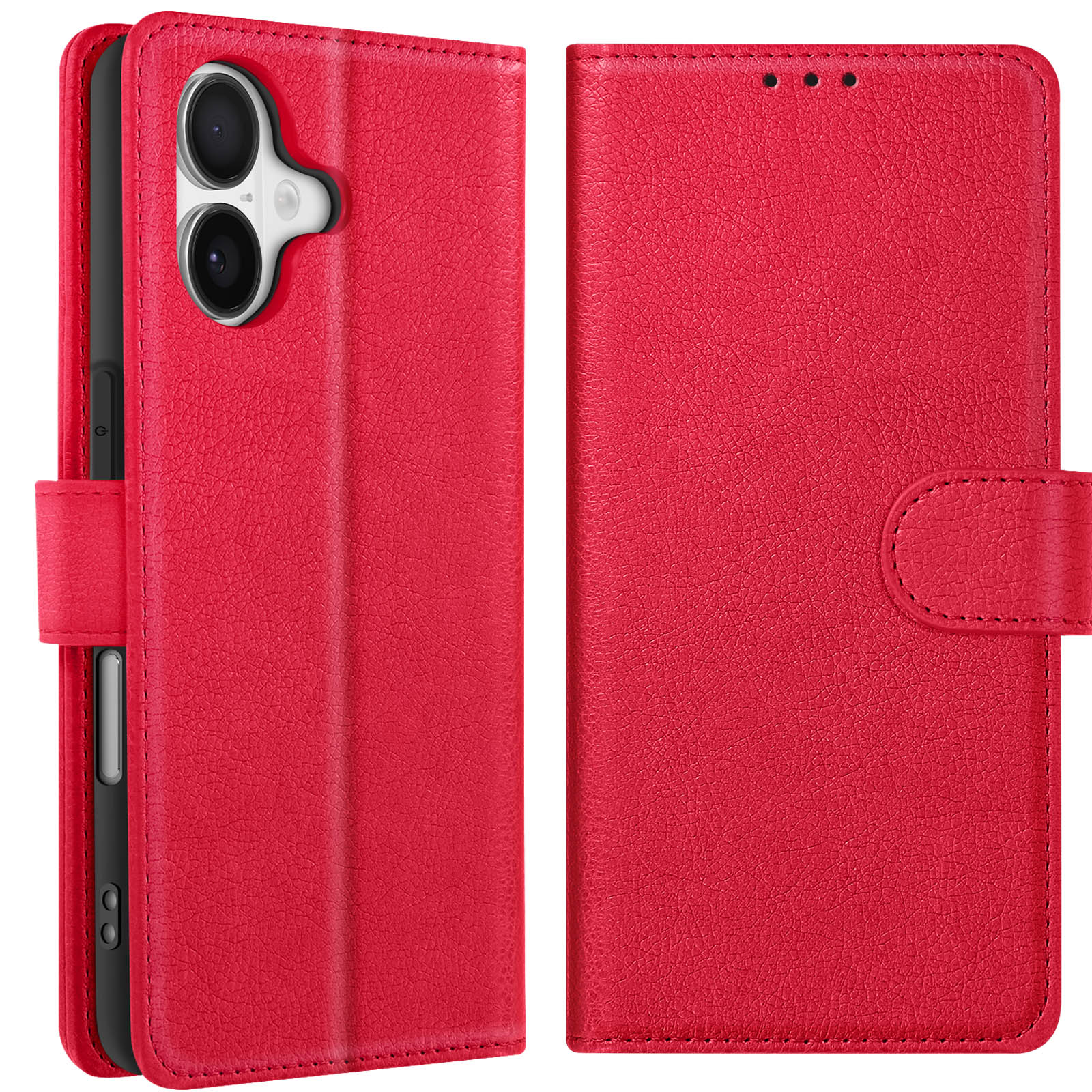 Custodia rossa per telefono, aperta. Mostra fotocamera e pulsanti del telefono. Superficie strutturata con dettagli di cucitura. Chiusura visibile.