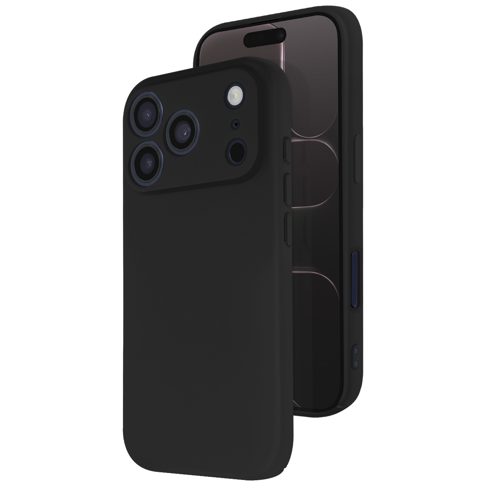 Twee zwarte smartphonehoesjes. Eén links toont een camera-opstelling. De andere rechts toont het scherm.