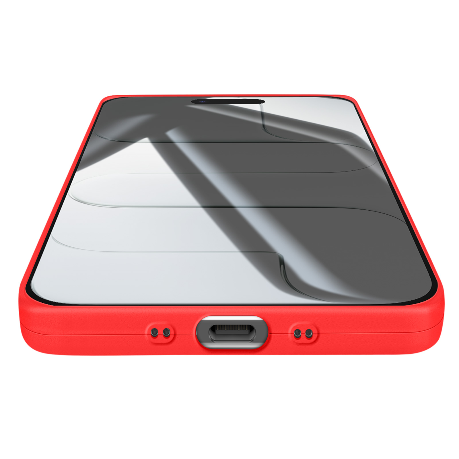 Une coque de téléphone rouge avec un protecteur d'écran. L'écran affiche des reflets. Le bas comporte des ports et des haut-parleurs.