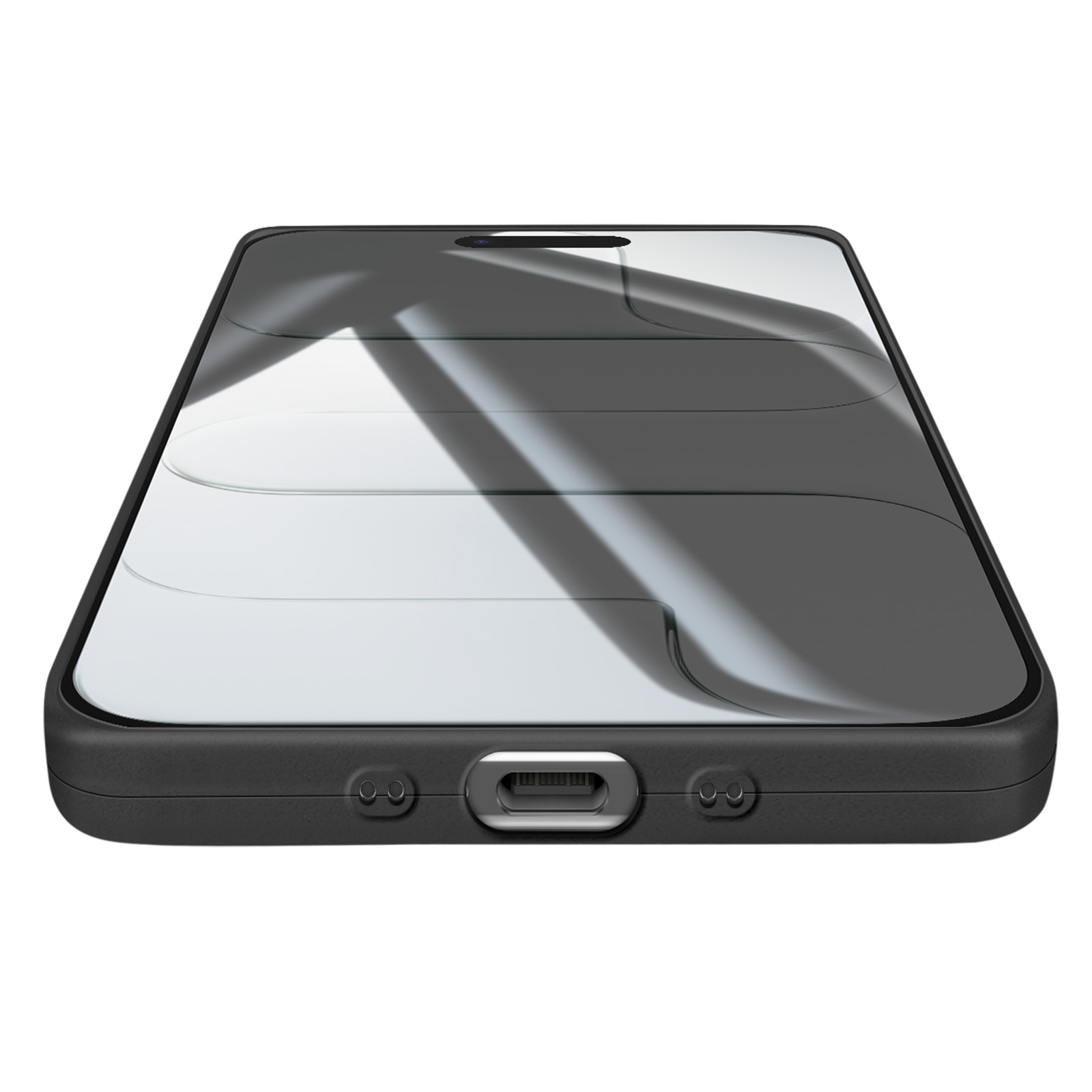 Uno smartphone nero. Lo schermo è riflettente. La parte inferiore ha una porta di ricarica e due fori per altoparlanti.