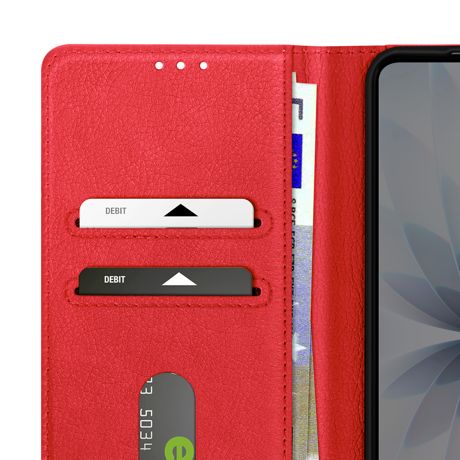 Portafoglio rosso aperto, con carte con etichetta 'DEBIT' e denaro. Un telefono è visibile a destra.