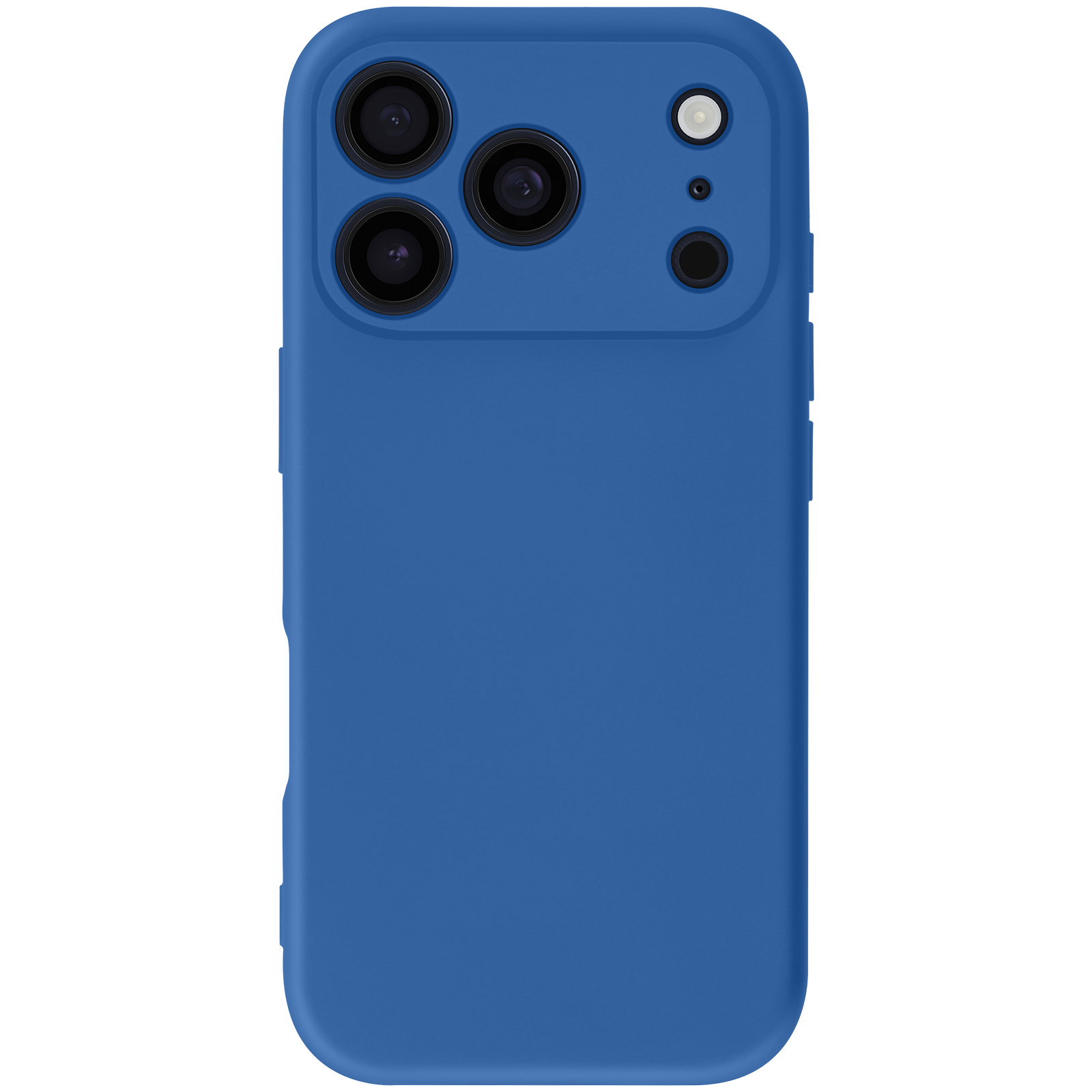 Een blauwe telefoonhoes met camera-uitsparingen. De hoes is effen blauw en bedekt de achterkant en zijkanten.