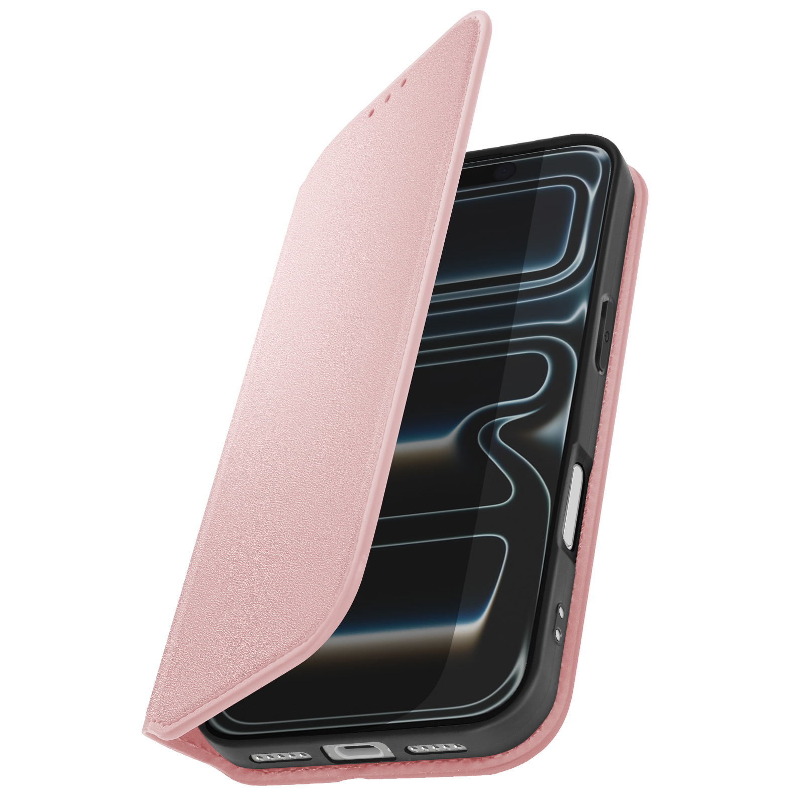 Una custodia rosa con la cover parzialmente aperta che rivela lo schermo del telefono. Lo sfondo è bianco.