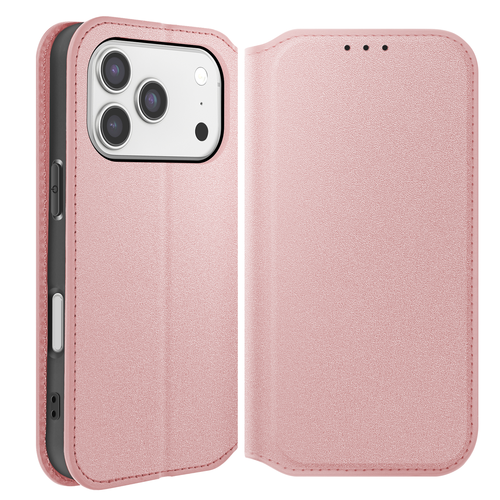 Una custodia per telefono rosa, aperta lateralmente. La custodia ha un ritaglio per la fotocamera e una superficie strutturata.