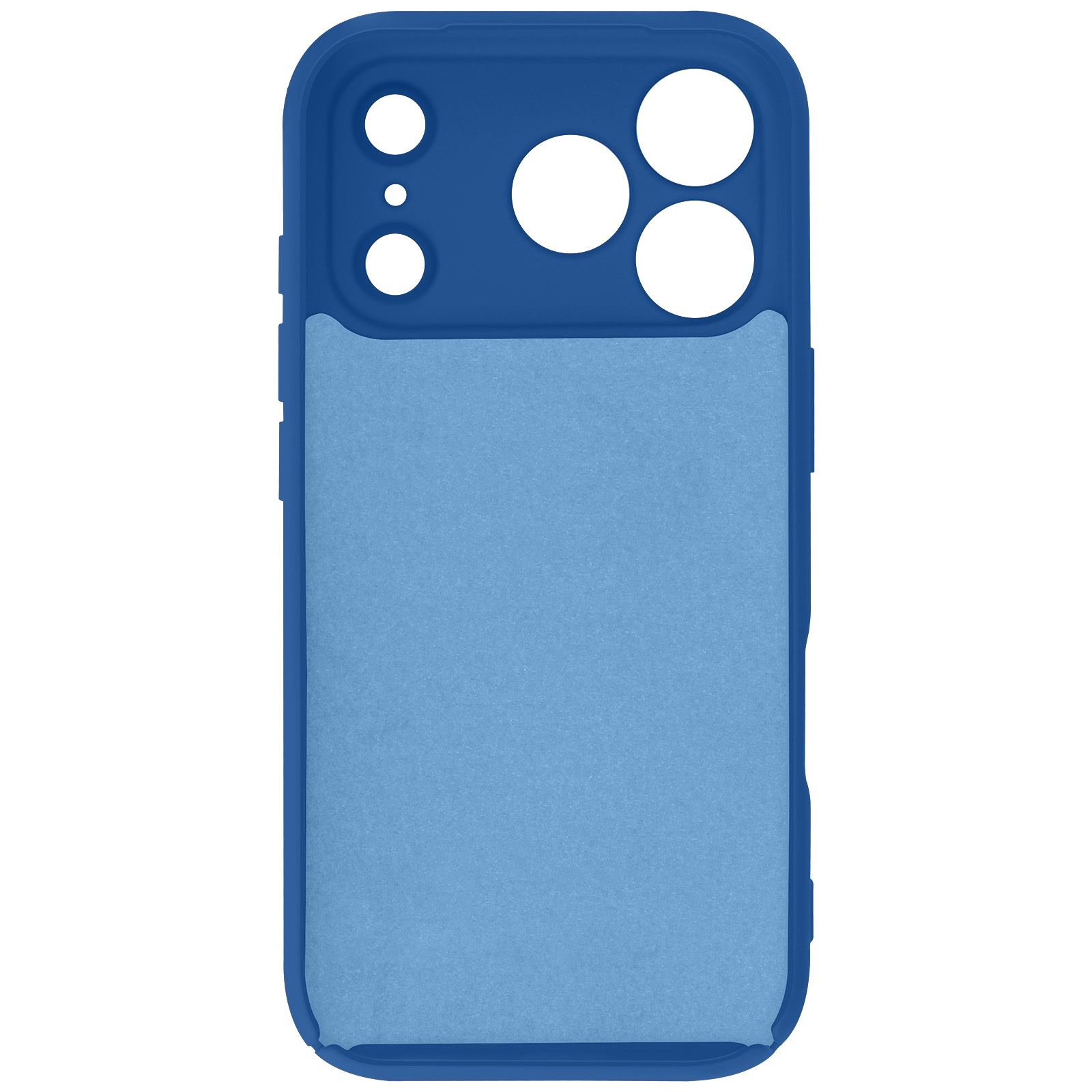 Un étui de téléphone en deux nuances de bleu. Le haut est bleu foncé avec des trous pour l'appareil photo. Le bas est bleu clair.