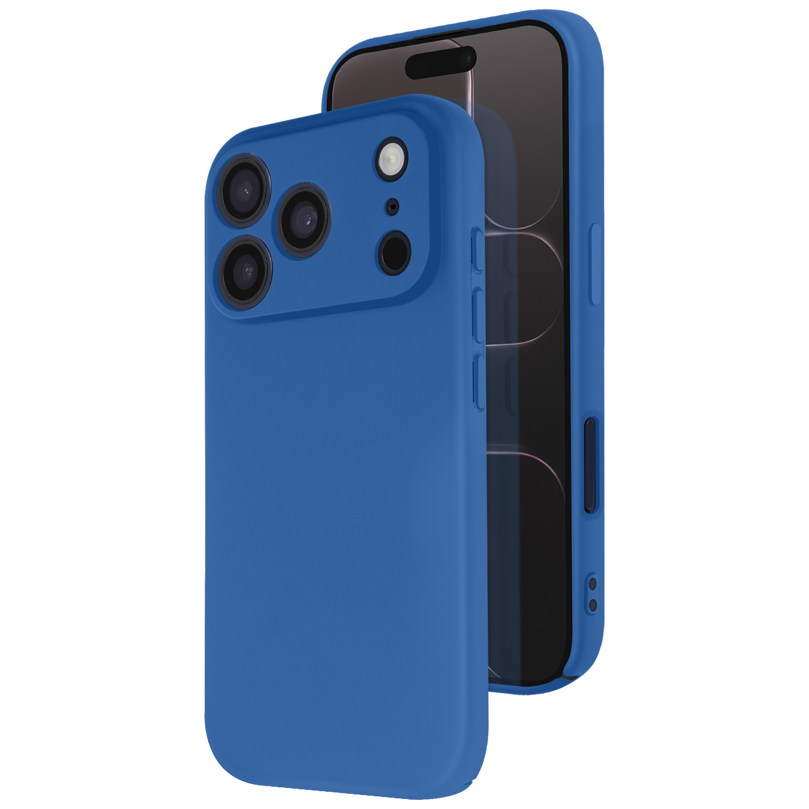 Une coque de téléphone bleue avec un téléphone à l'intérieur. La coque a trois découpes pour l'appareil photo. L'écran du téléphone est noir.
