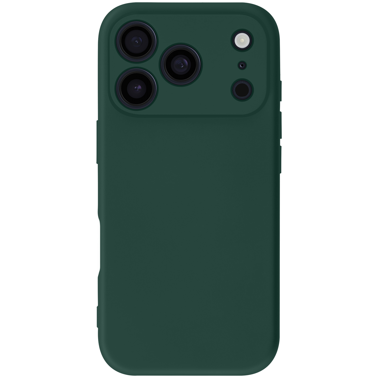 Donkergroene telefoonhoes, met een cameramodule met vier lenzen. De achtergrond is wit.