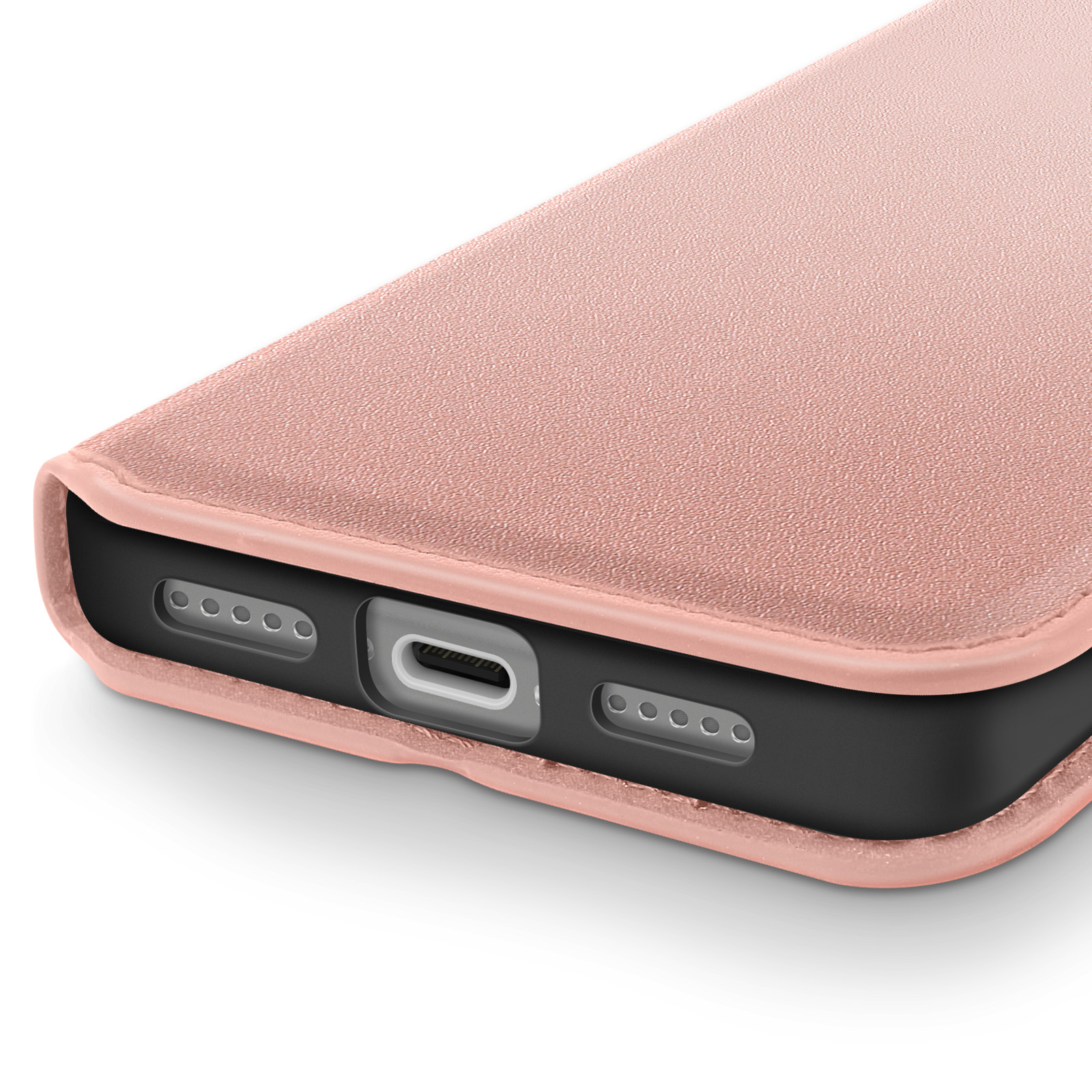Primo piano di una custodia per telefono oro rosa. Presenta porte e una superficie strutturata. Lo sfondo è bianco.