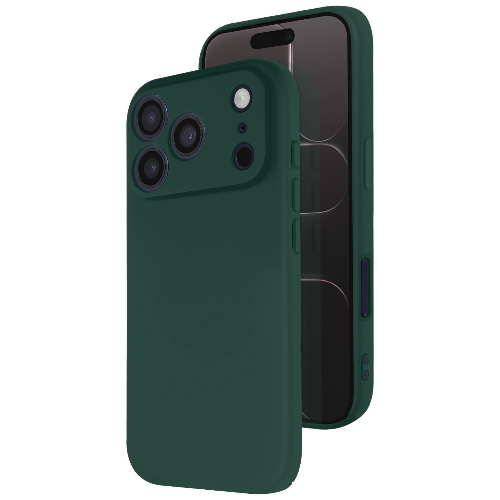 Een groene telefoonhoes wordt naast een telefoon getoond. De hoes heeft een uitsparing voor de camera. Het scherm van de telefoon is zichtbaar.