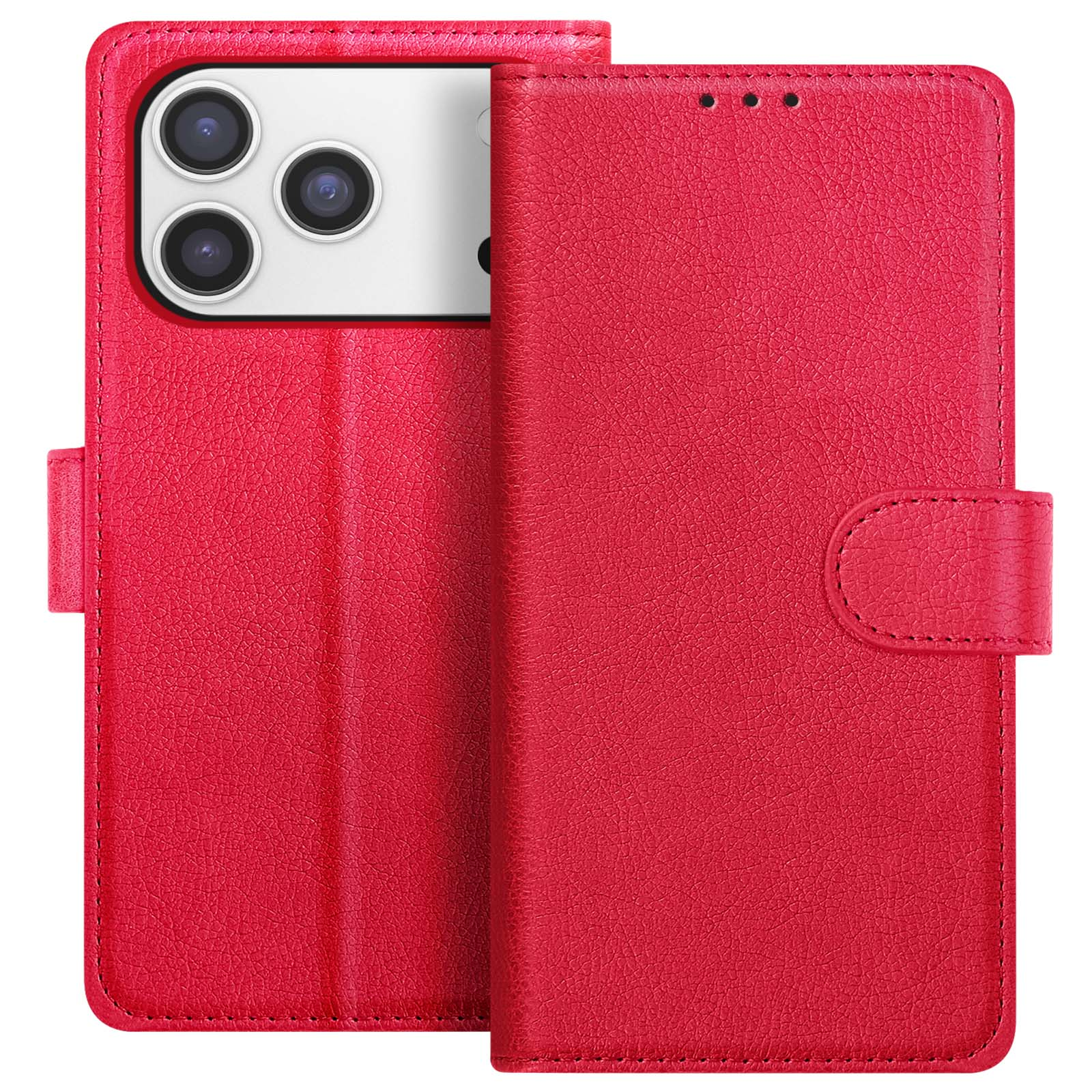 Custodia per telefono in pelle rossa, aperta. Telefono con lenti della fotocamera visibili. Chiusura a bottone sul lato destro.