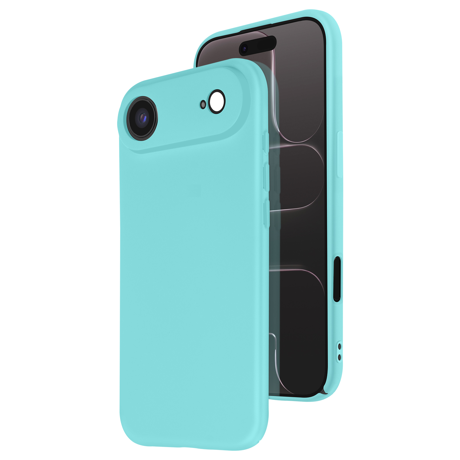 Twee lichtblauwe telefoonhoesjes, één open. De rechter hoes bevat een donker telefoonscherm.