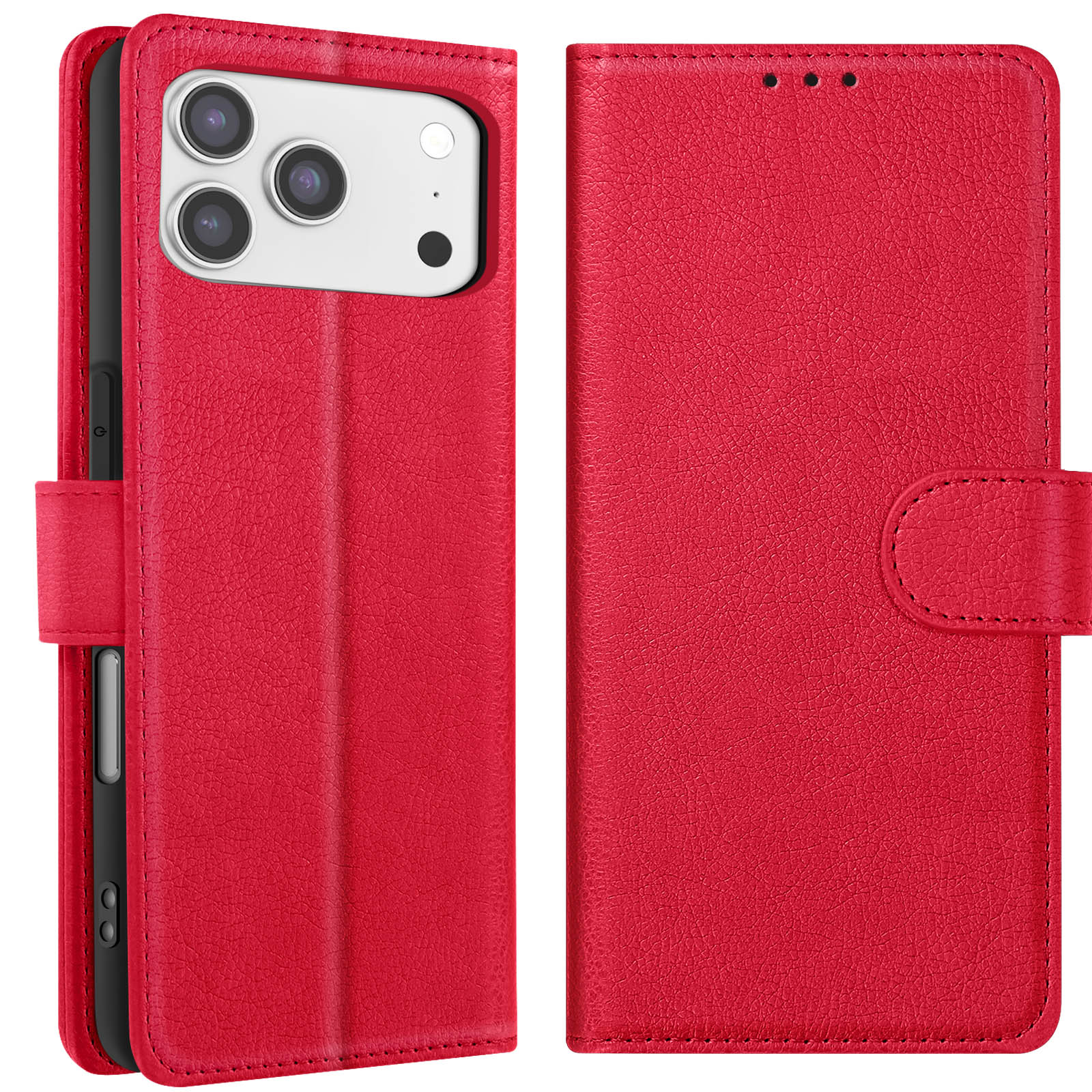 Una custodia per telefono in pelle rossa con tre fori per la fotocamera è aperta, rivelando un telefono. La custodia ha una chiusura magnetica.