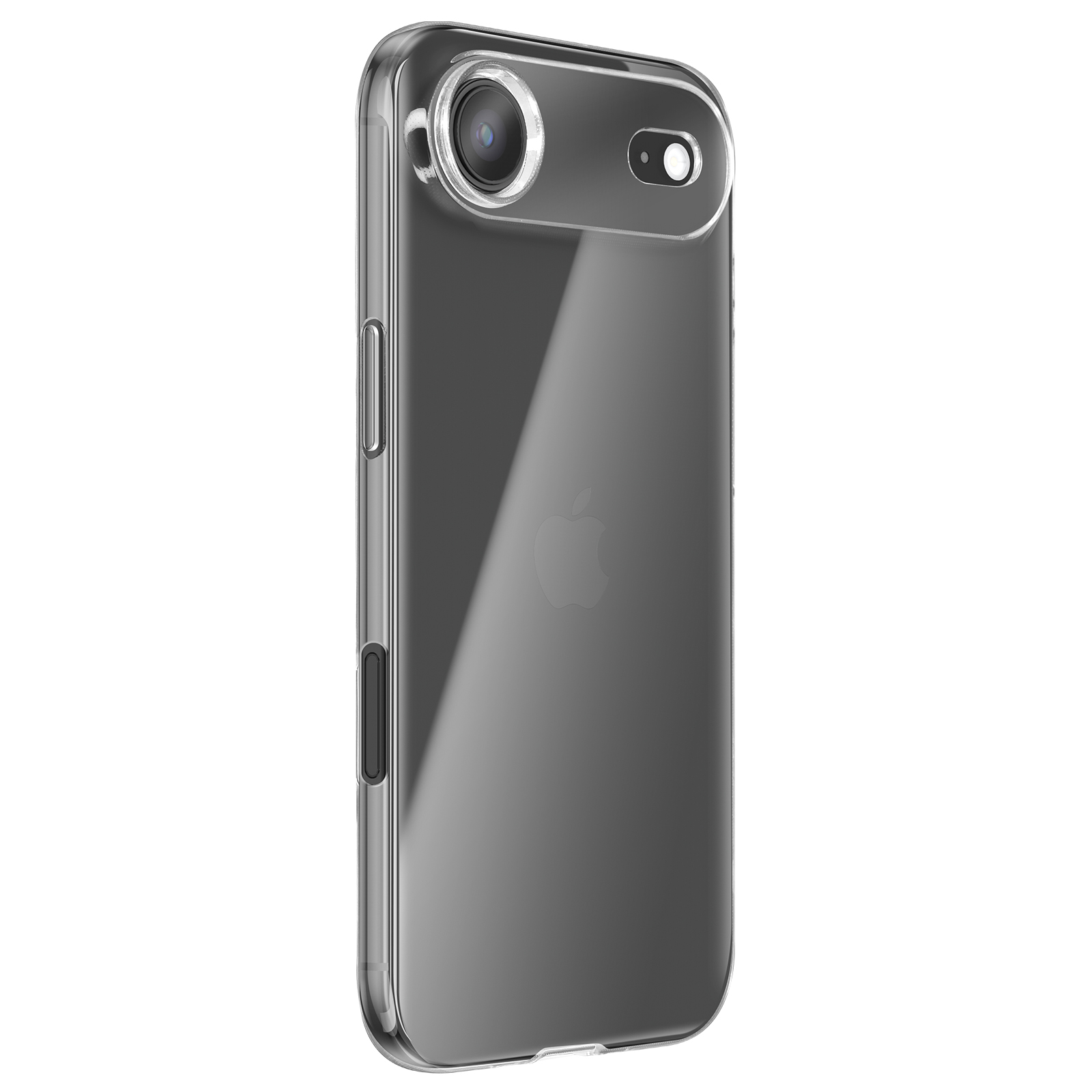 Una custodia trasparente su un telefono grigio, con il logo Apple visibile. La fotocamera è visibile in alto.