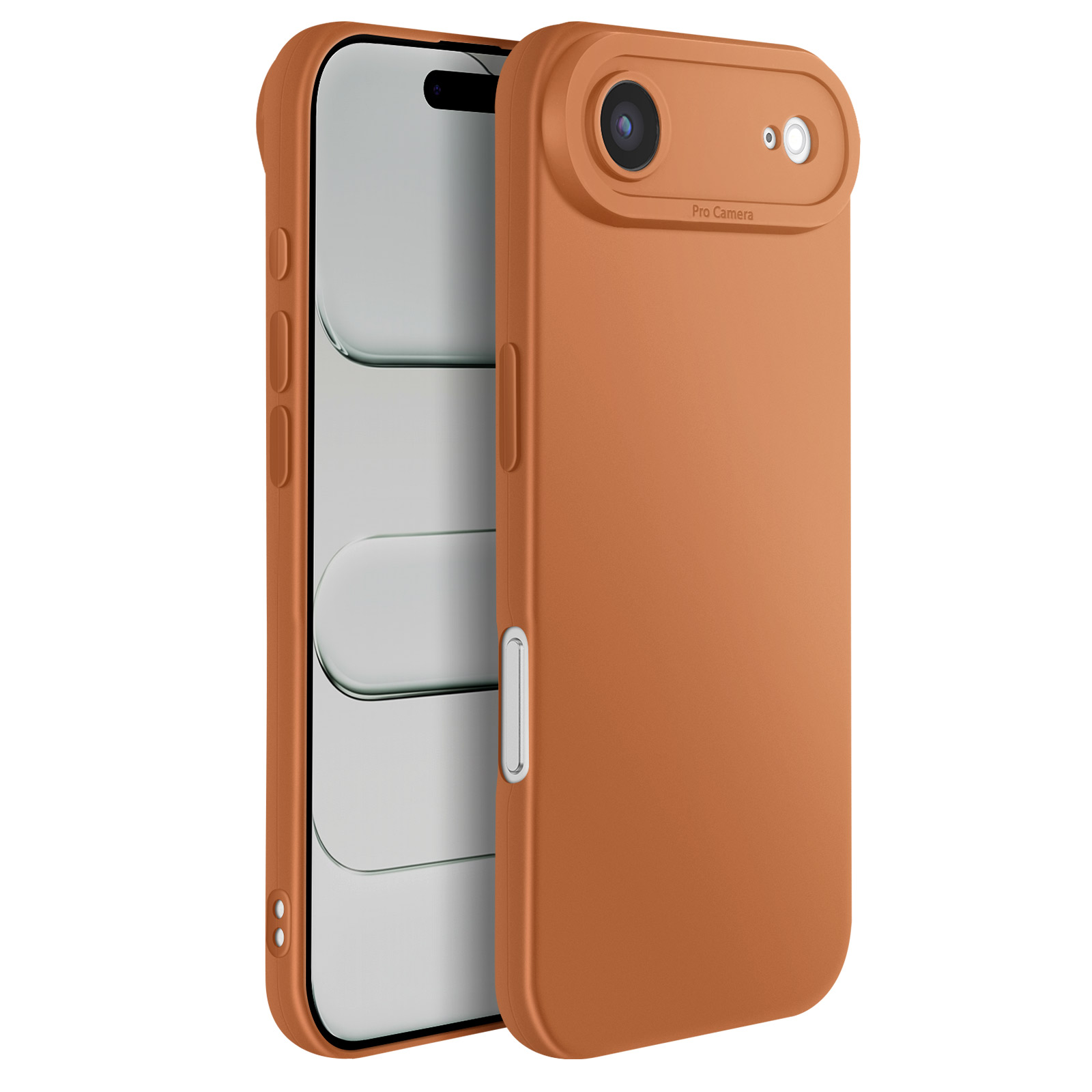 Een oranje telefoonhoesje met een telefoon erin. De hoes heeft een uitsparing voor de camera. Witte achtergrond.
