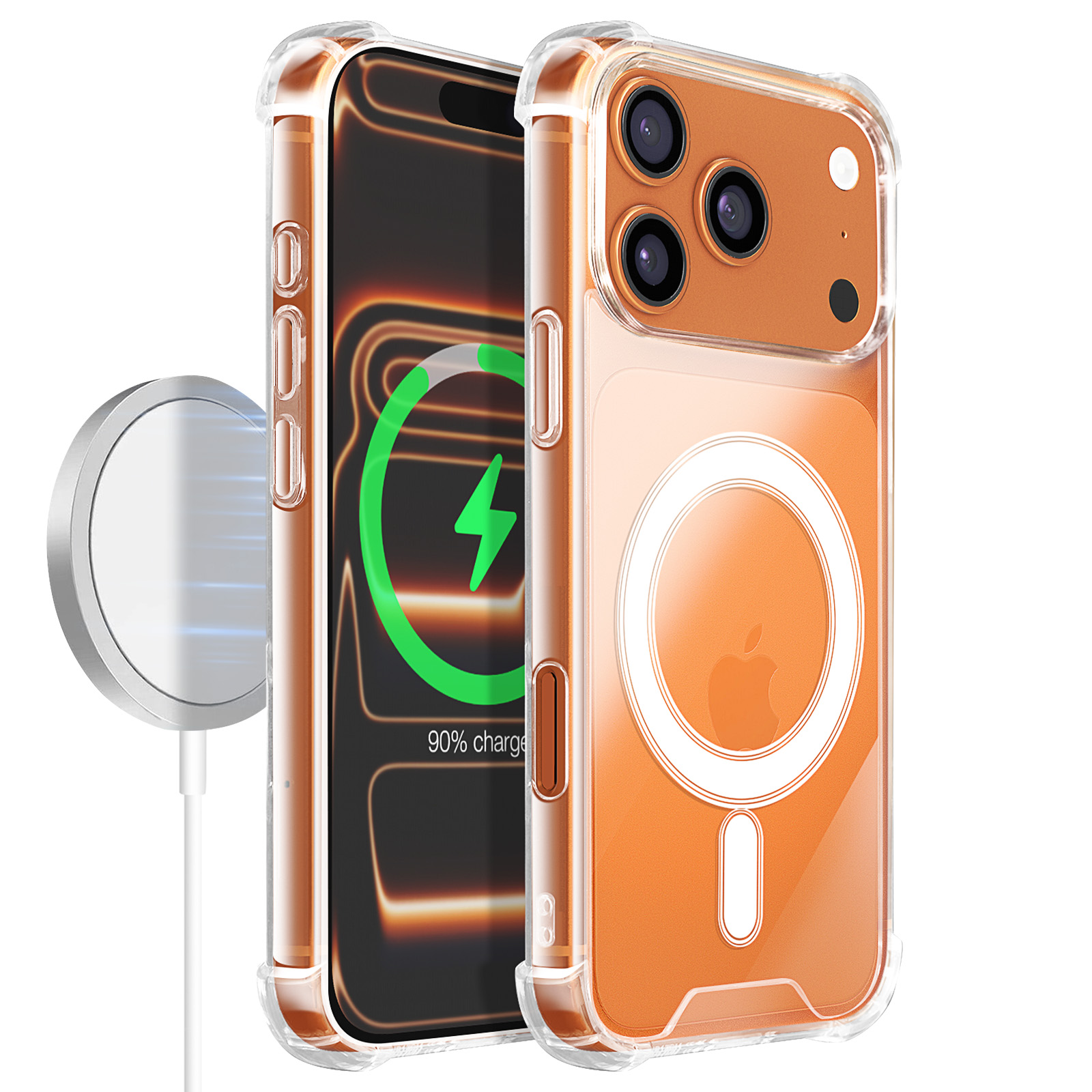 Zwei iPhones in transparenten Hüllen, eines wird drahtlos aufgeladen. Der Ladebildschirm zeigt einen grünen Blitz, 90 % geladen.