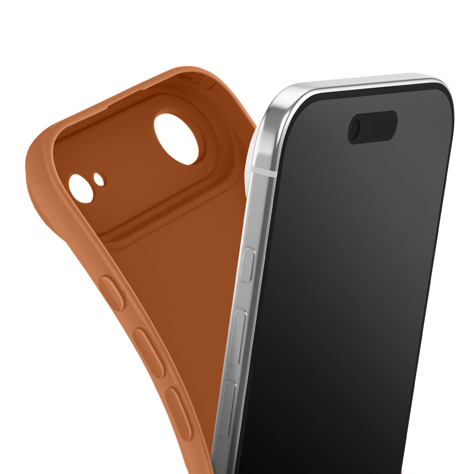 Een smartphone met zwart scherm naast een bruine telefoonhoes. De hoes heeft openingen voor de camera en knoppen.