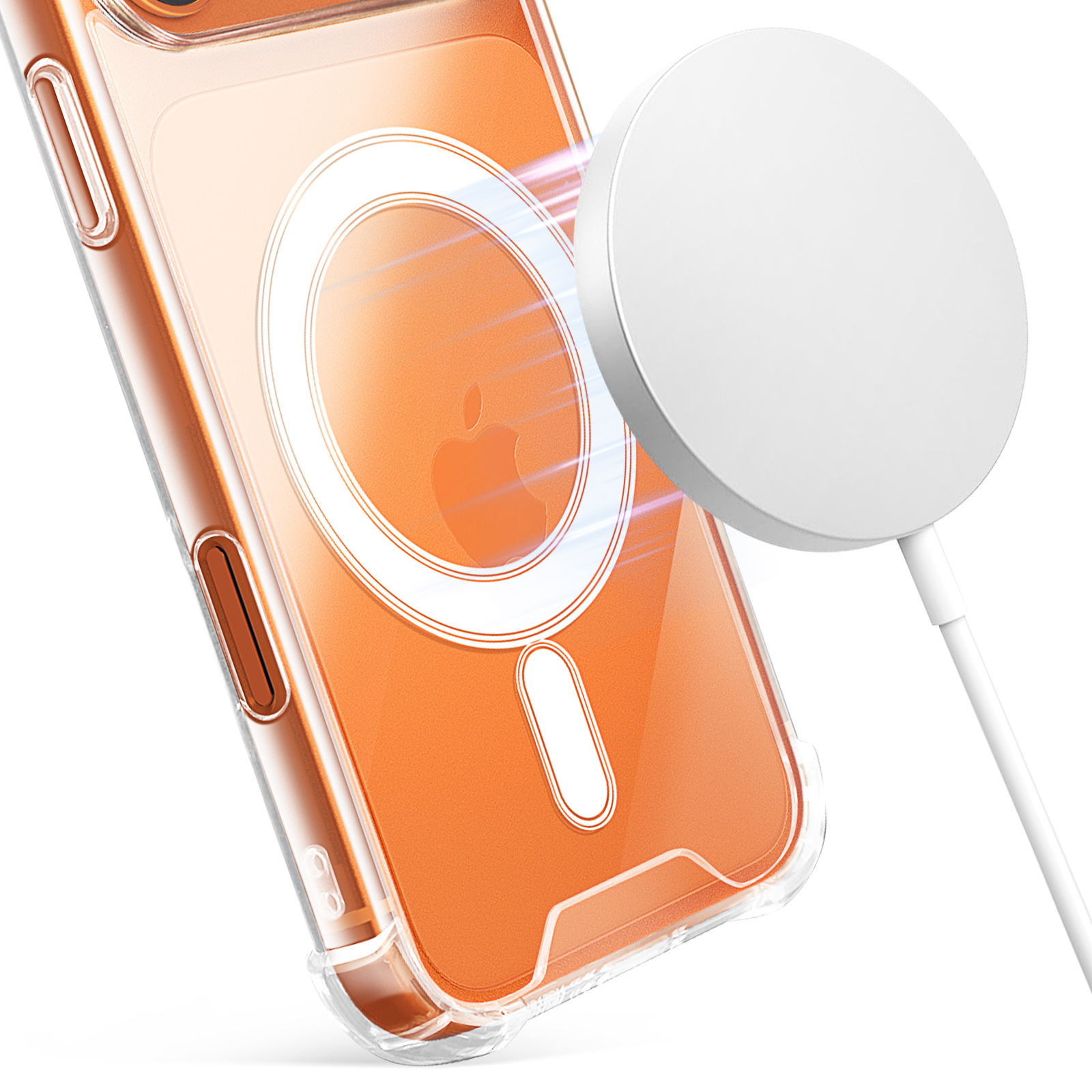 Ein iPhone in einer orangefarbenen Hülle mit einem weißen MagSafe-Ladegerät. Das Ladegerät ist rund und hat ein weißes Kabel.