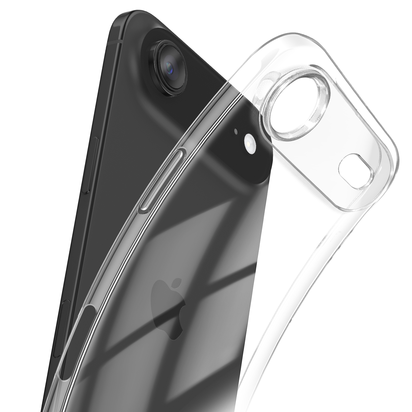 È mostrato uno smartphone nero con una custodia trasparente. Il telefono è angolato e la custodia lo copre parzialmente.