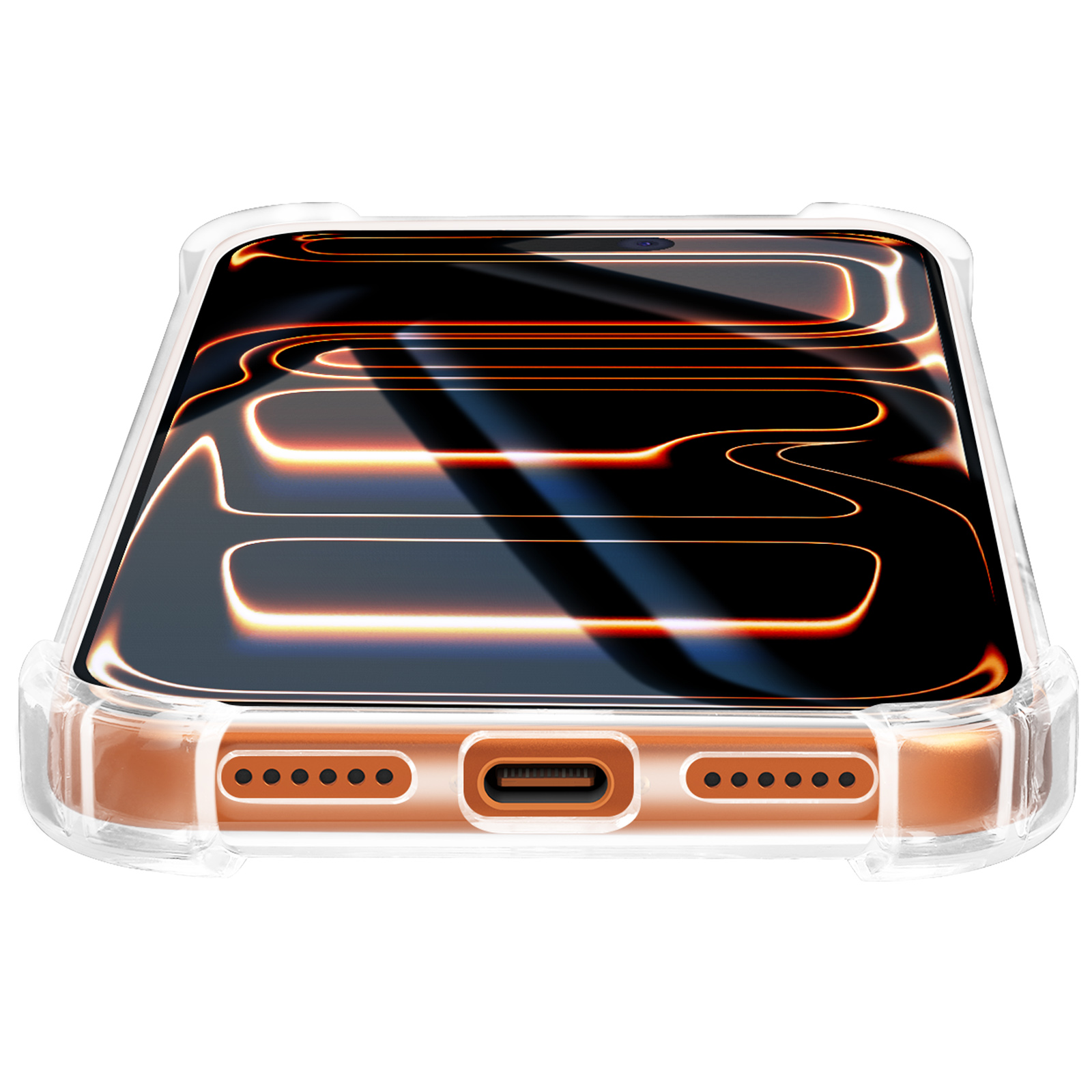Eine transparente Handyhülle umschließt ein Telefon mit schwarzem Bildschirm und orangefarbenen Lichtmustern. Die Hülle befindet sich auf weißem Hintergrund.