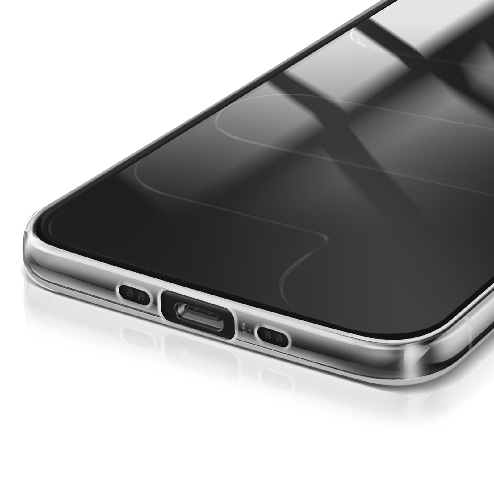 Primo piano di uno smartphone con custodia trasparente. Lo schermo è nero e riflette la luce. Il bordo del telefono è argentato e curvo.