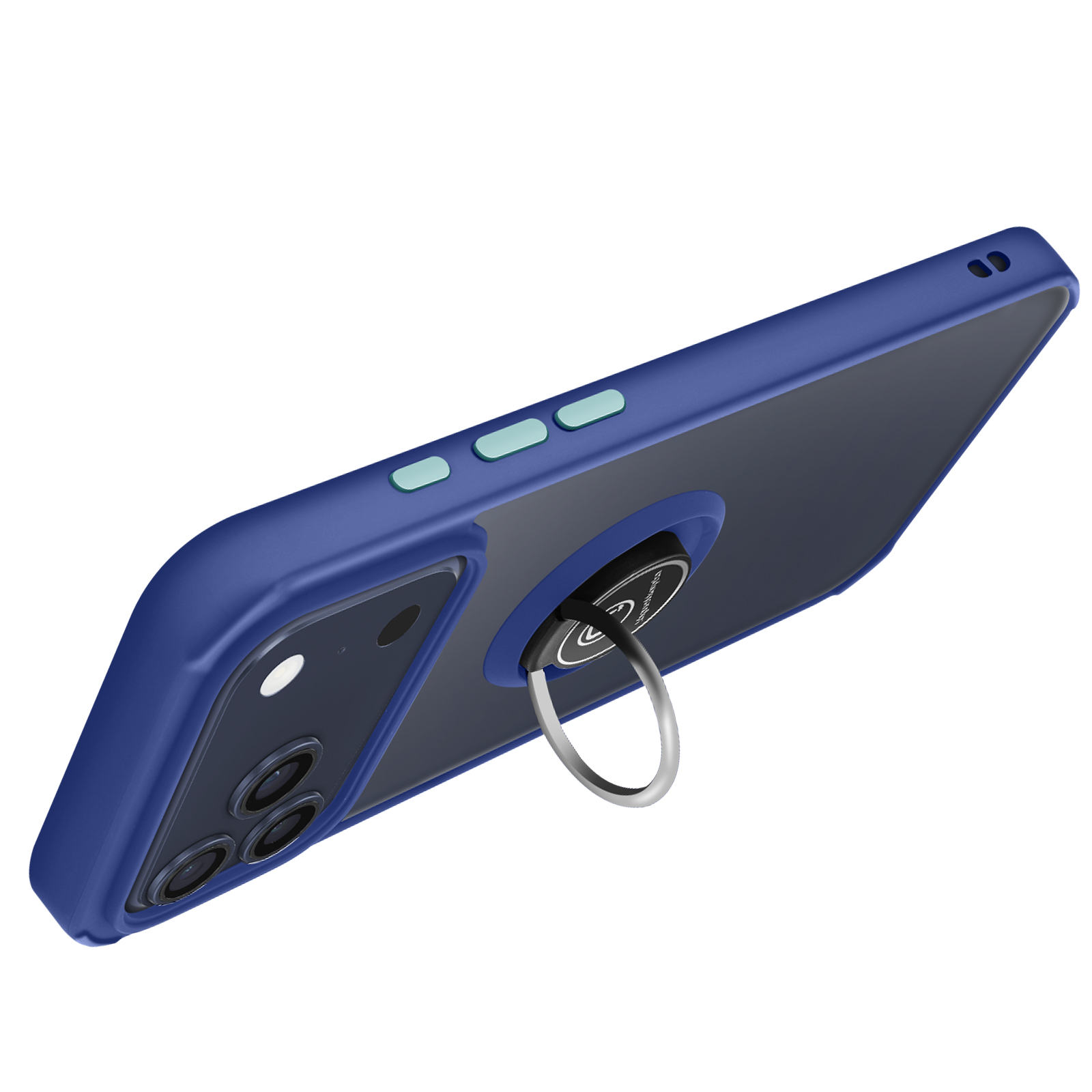 Coque de téléphone bleue avec anneau. Le téléphone a un dos transparent et plusieurs caméras. Les boutons sont bleu clair.