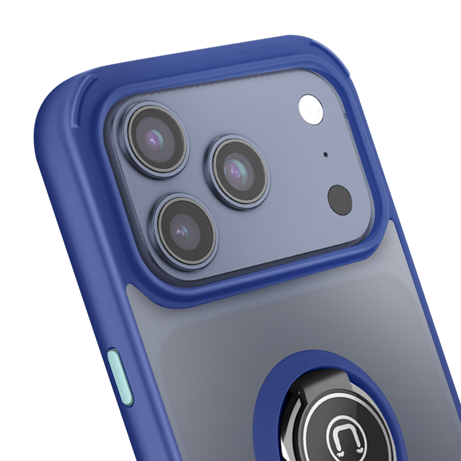 Gros plan sur une coque de téléphone bleue avec trois objectifs d'appareil photo. Un support de bague est fixé en bas.