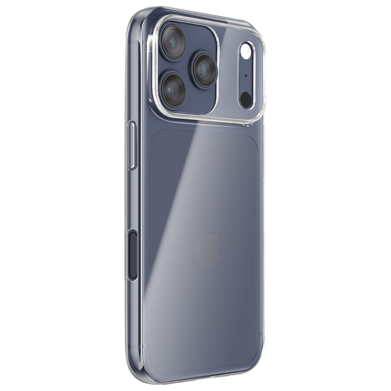 Un iPhone blu in una custodia trasparente. La fotocamera ha tre obiettivi e un flash. Il logo Apple è visibile.