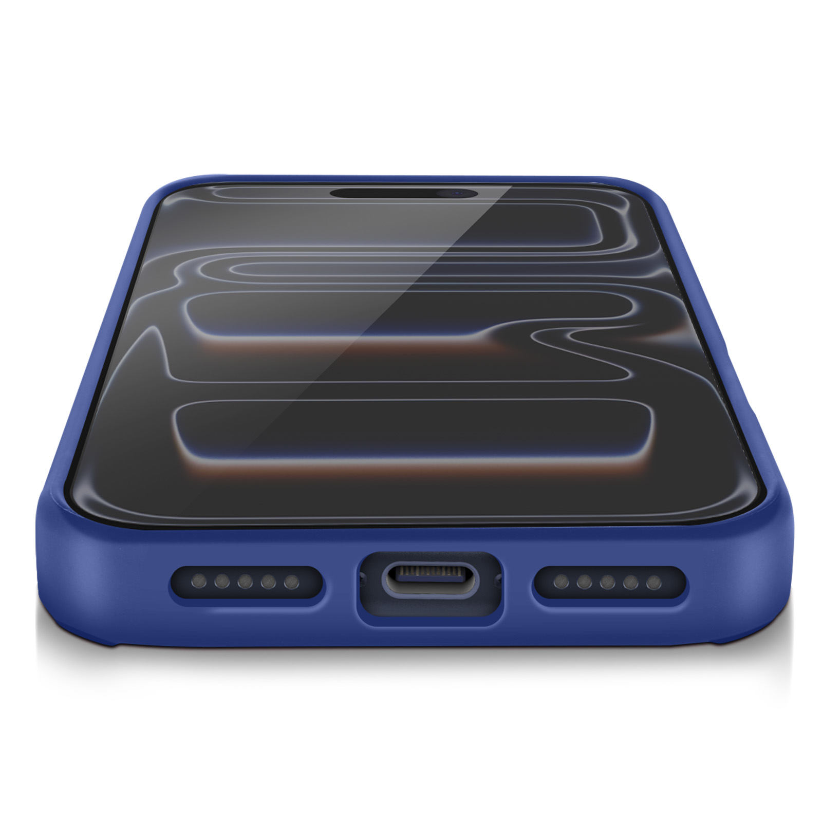 Un téléphone bleu dans un étui est sur une surface blanche. L'écran affiche des lignes blanches courbes. L'étui possède un port de chargement.