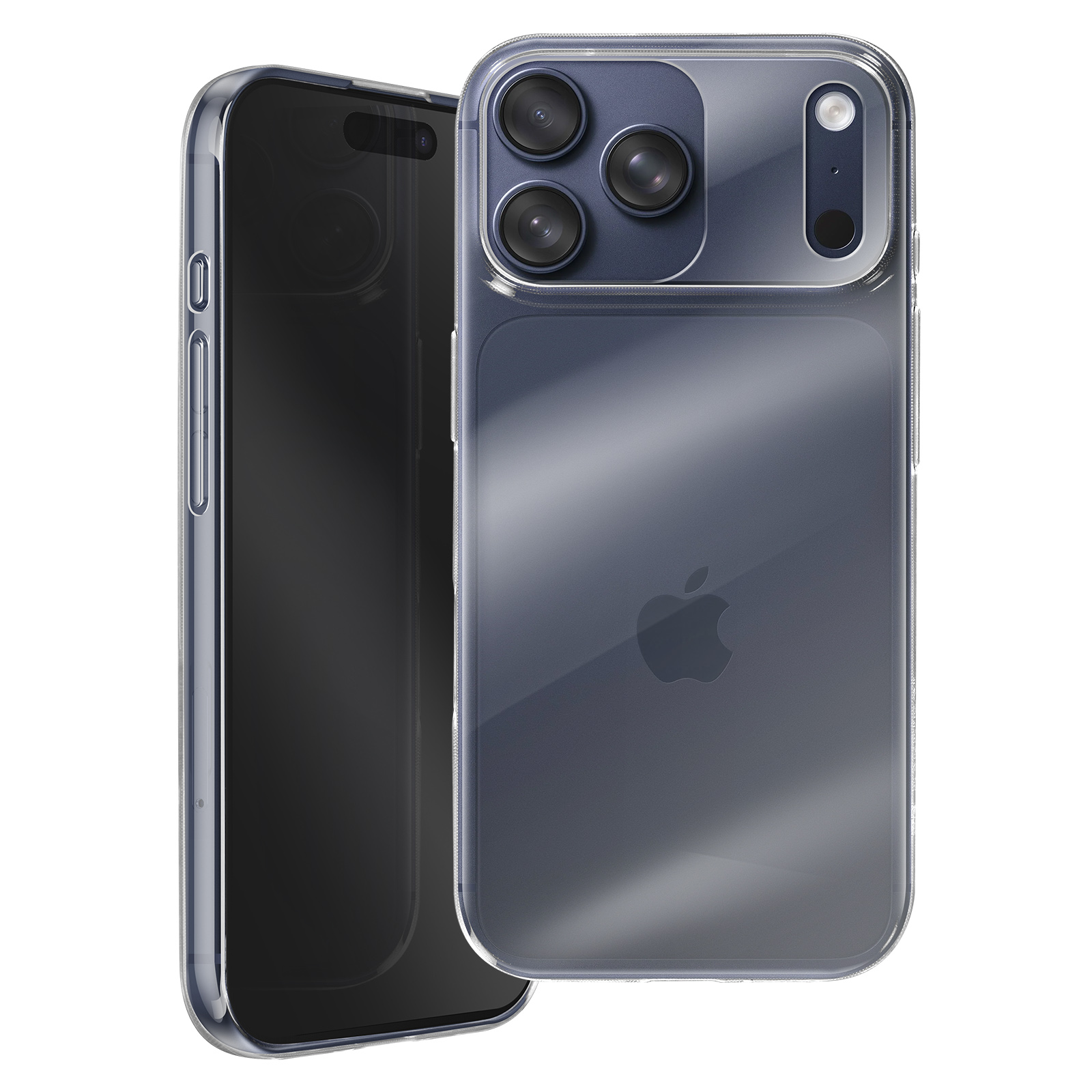 Una custodia trasparente protegge un telefono blu scuro. La custodia ha un logo Apple e copre le lenti della fotocamera.