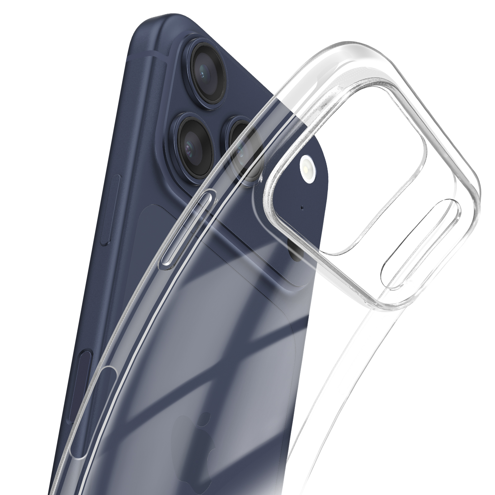 Un telefono blu scuro con una custodia protettiva trasparente è mostrato. La custodia copre parzialmente il telefono, mostrando le fotocamere.