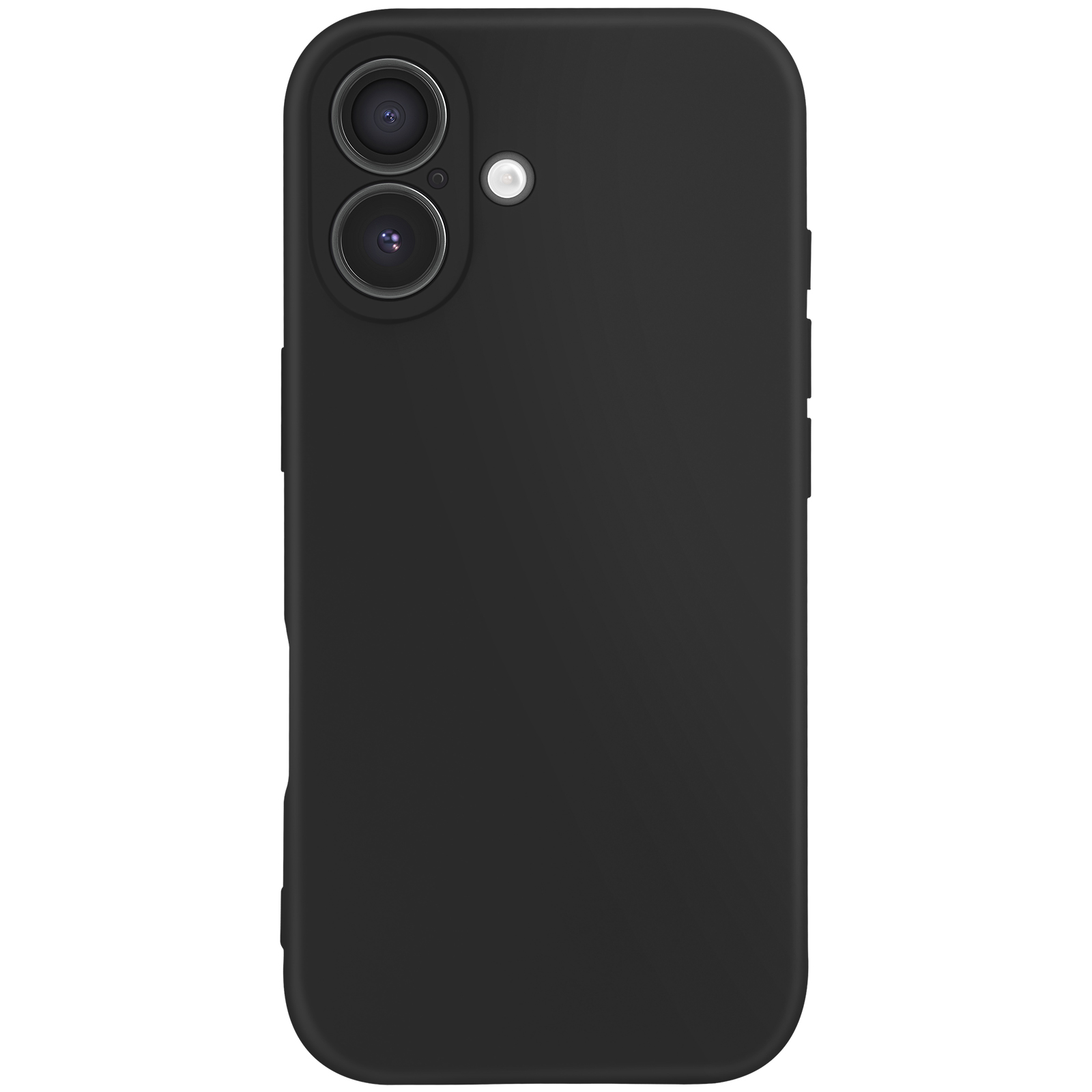 Zwarte telefoonhoes. Twee cameralenzen en een flitser bovenaan. Afgeronde randen en een effen zwart oppervlak.