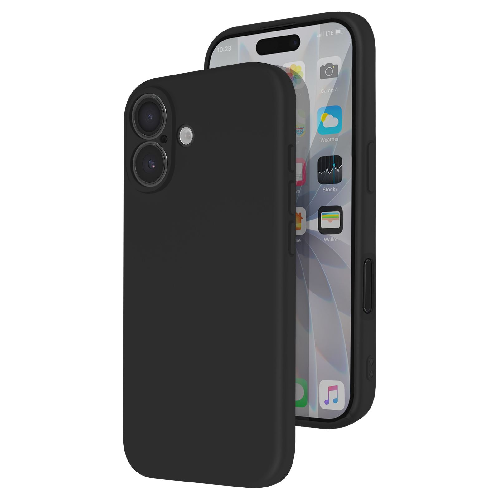 Een zwarte iPhone in een zwarte hoes, met het scherm van de telefoon met app-iconen. De hoes bedekt de achterkant en zijkanten van de telefoon.
