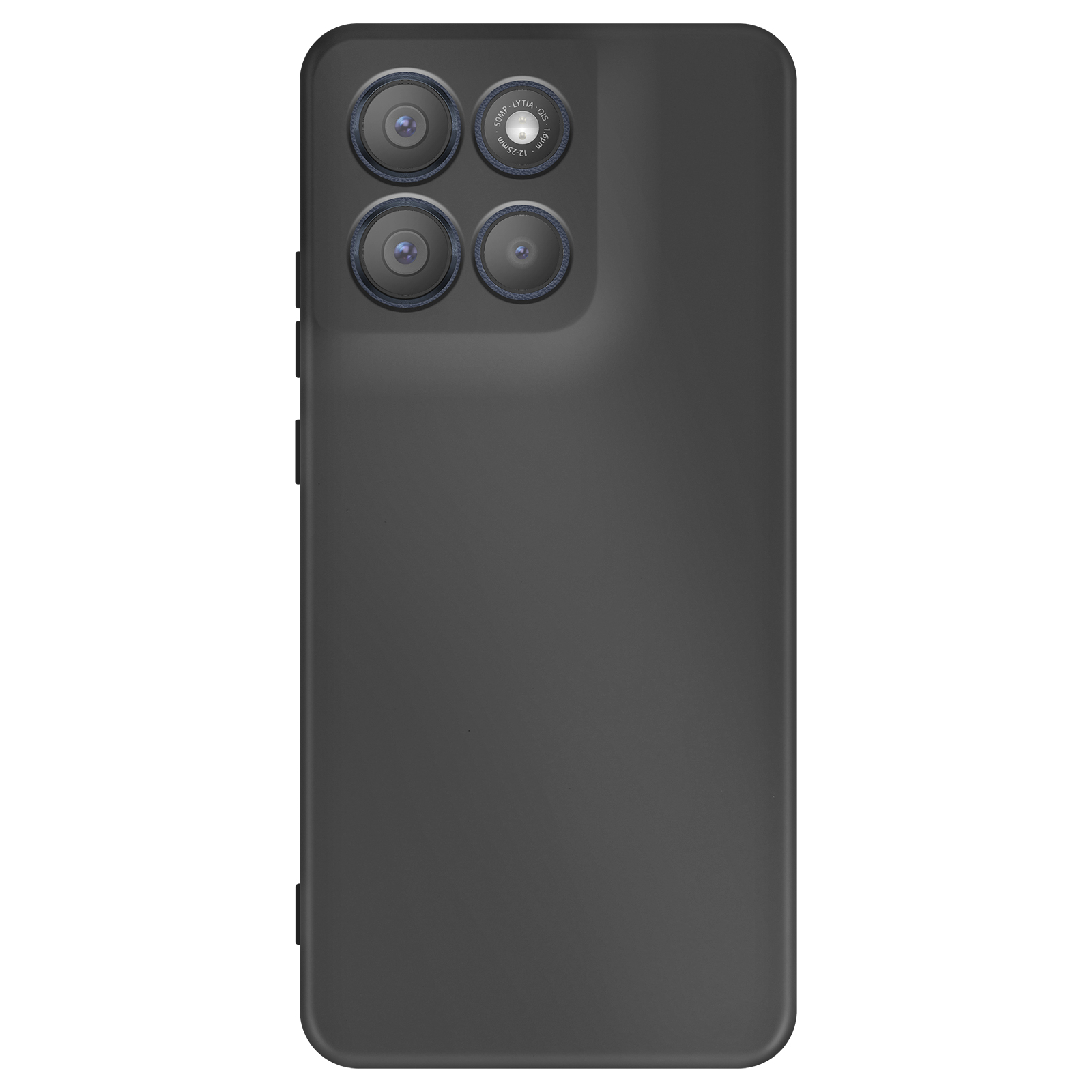 Dos d'un smartphone gris foncé avec quatre objectifs photo en haut à gauche.