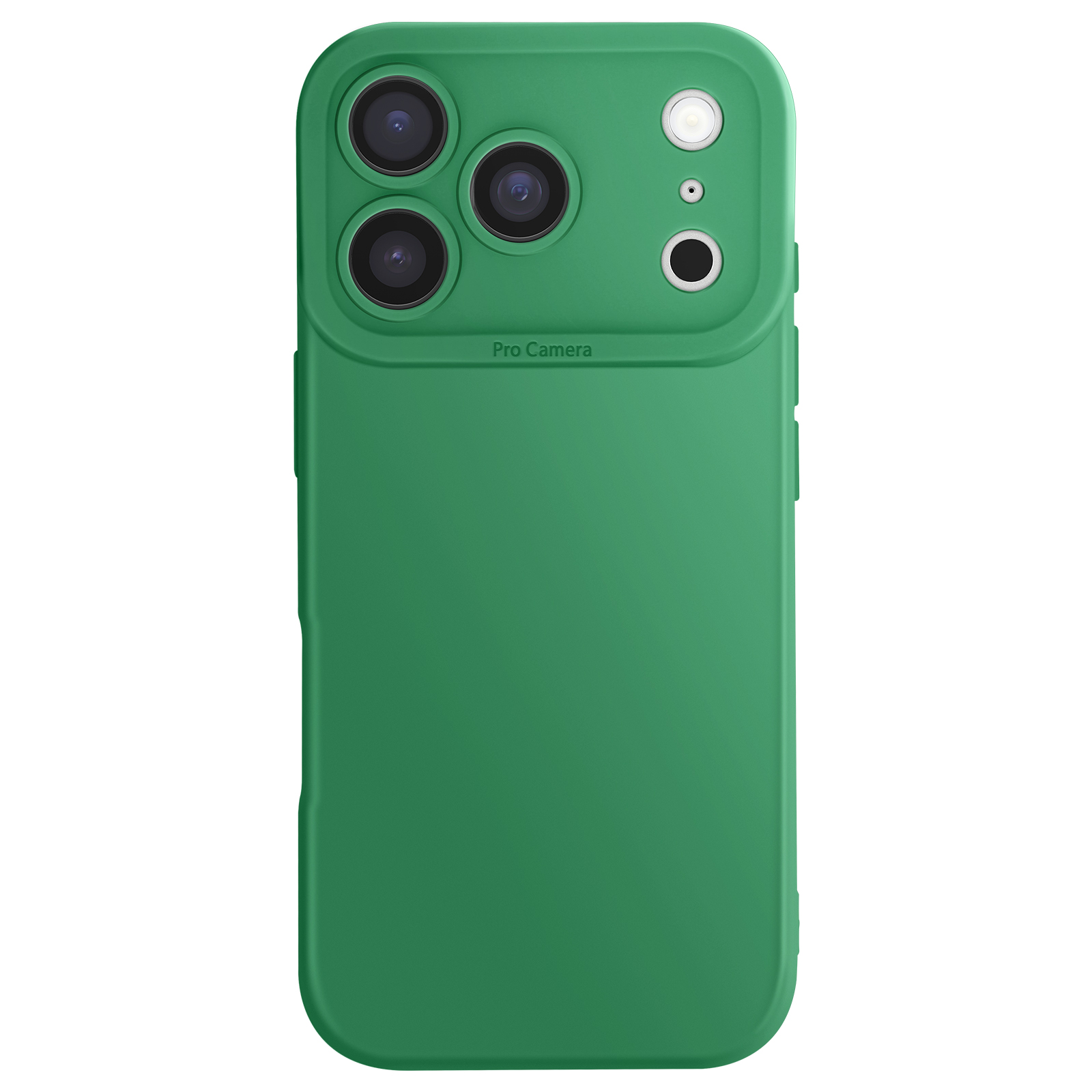 Groene telefoonhoes met vier cameralenzen en een flitser op witte achtergrond.