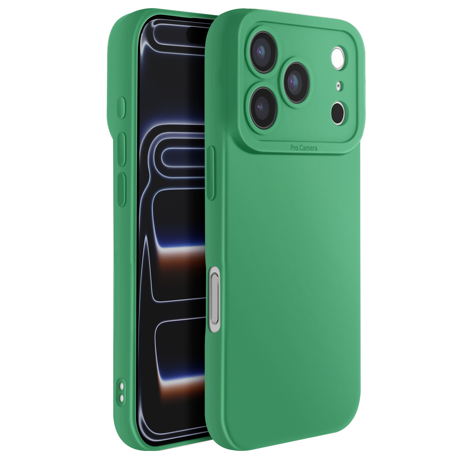 Groene telefoonhoes met een iPhone erin. De hoes heeft uitsparingen voor de camera. Het telefoonscherm is zichtbaar.
