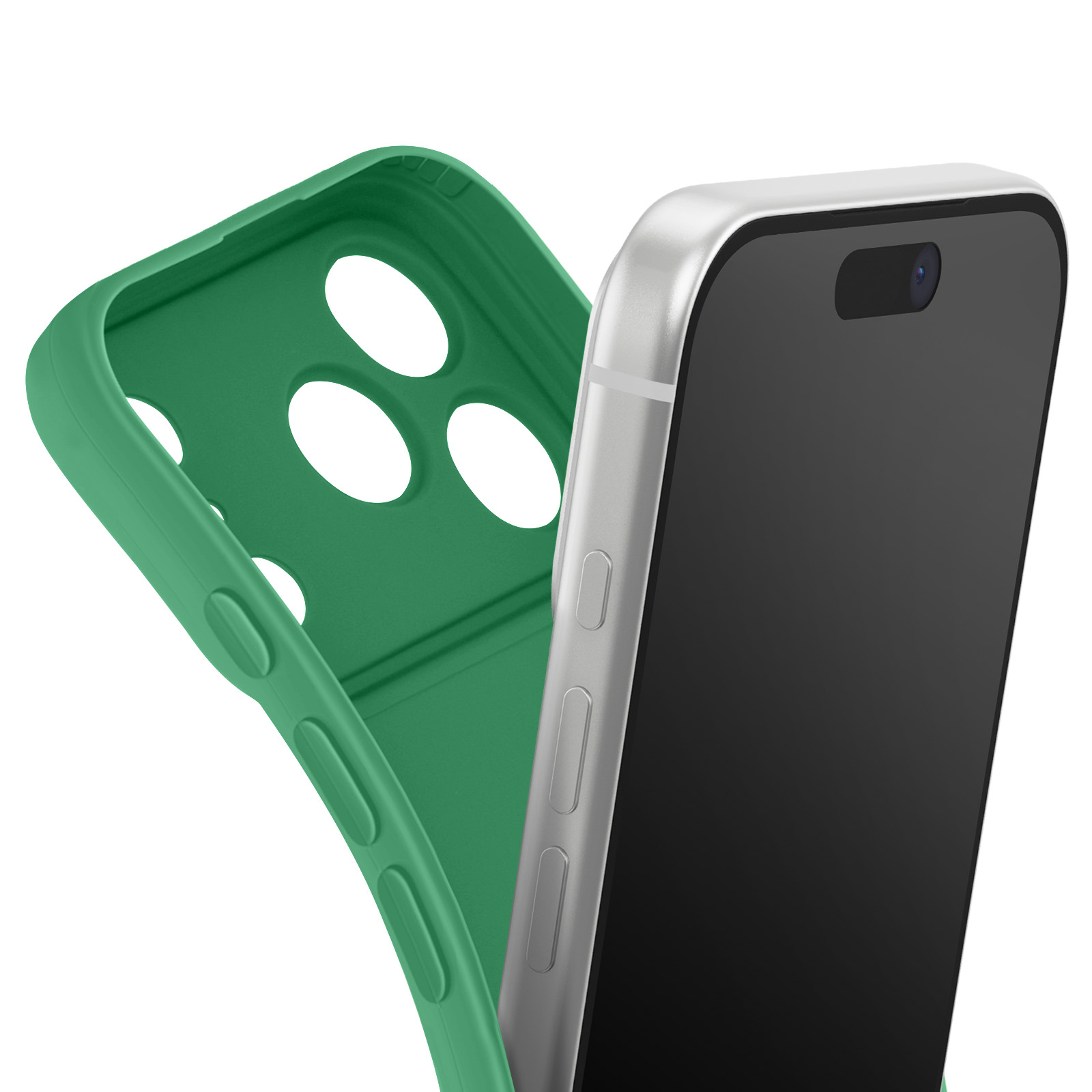 Een smartphone in een groene telefoonhoes. De telefoon is zilver met een zwart scherm. De hoes heeft openingen.