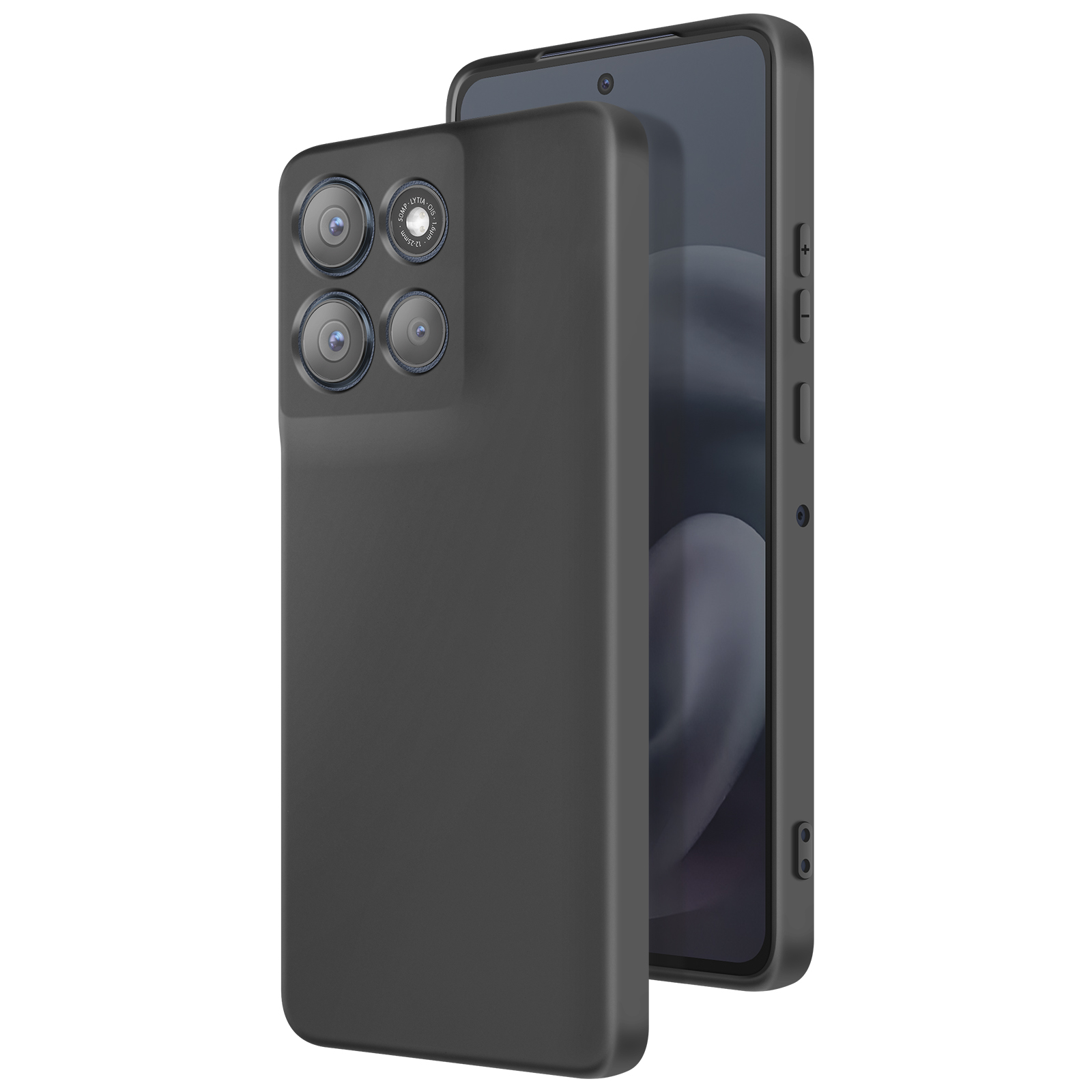 Un smartphone gris foncé avec quatre caméras à l'arrière est affiché à côté d'un écran.
