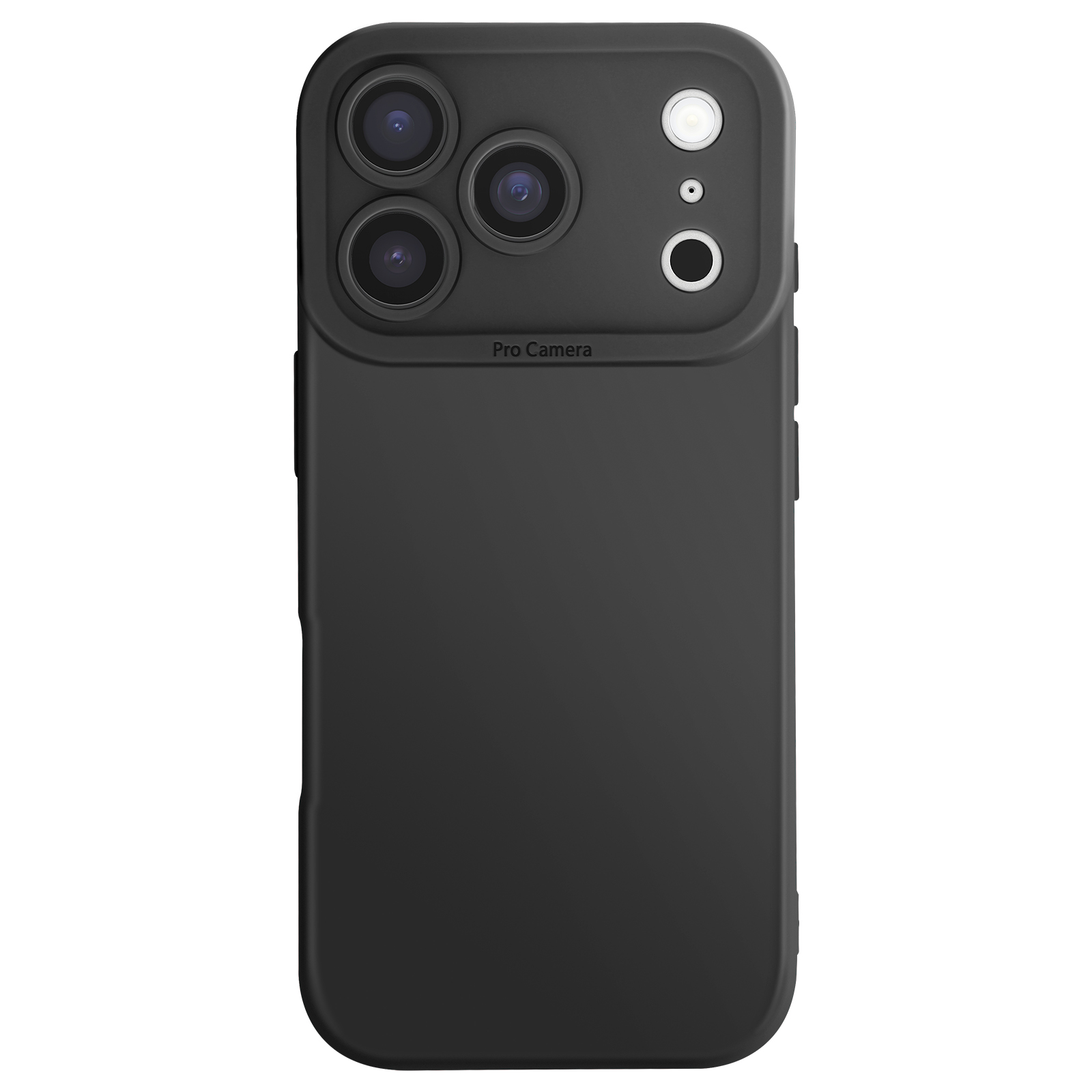 Zwarte telefoonhoes met vier cameralenzen en een flitser op witte achtergrond.
