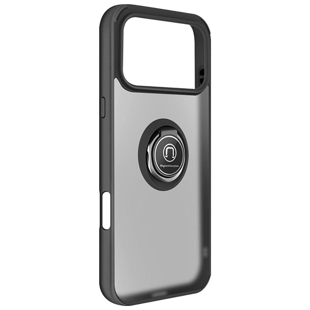Una custodia per smartphone con un anello di supporto. La custodia è grigia e nera. L'anello di supporto è argentato con il logo del marchio in nero.