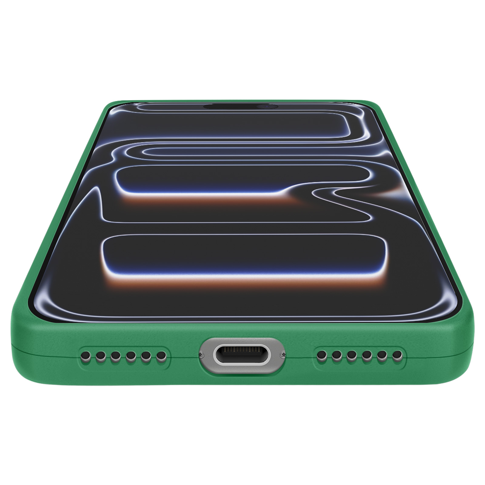 Een groene telefoonhoes met een donker scherm met een wit en blauw ontwerp, op een witte achtergrond.