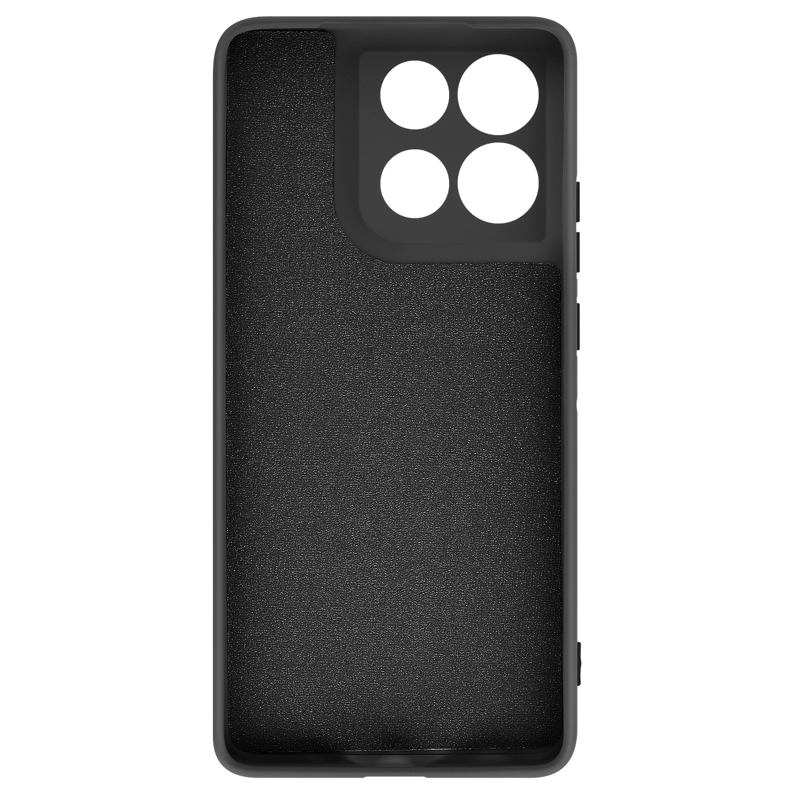 Coque de téléphone noire avec une surface texturée et des découpes pour l'appareil photo. Le dos présente un motif sombre et rugueux. Le contour est lisse.