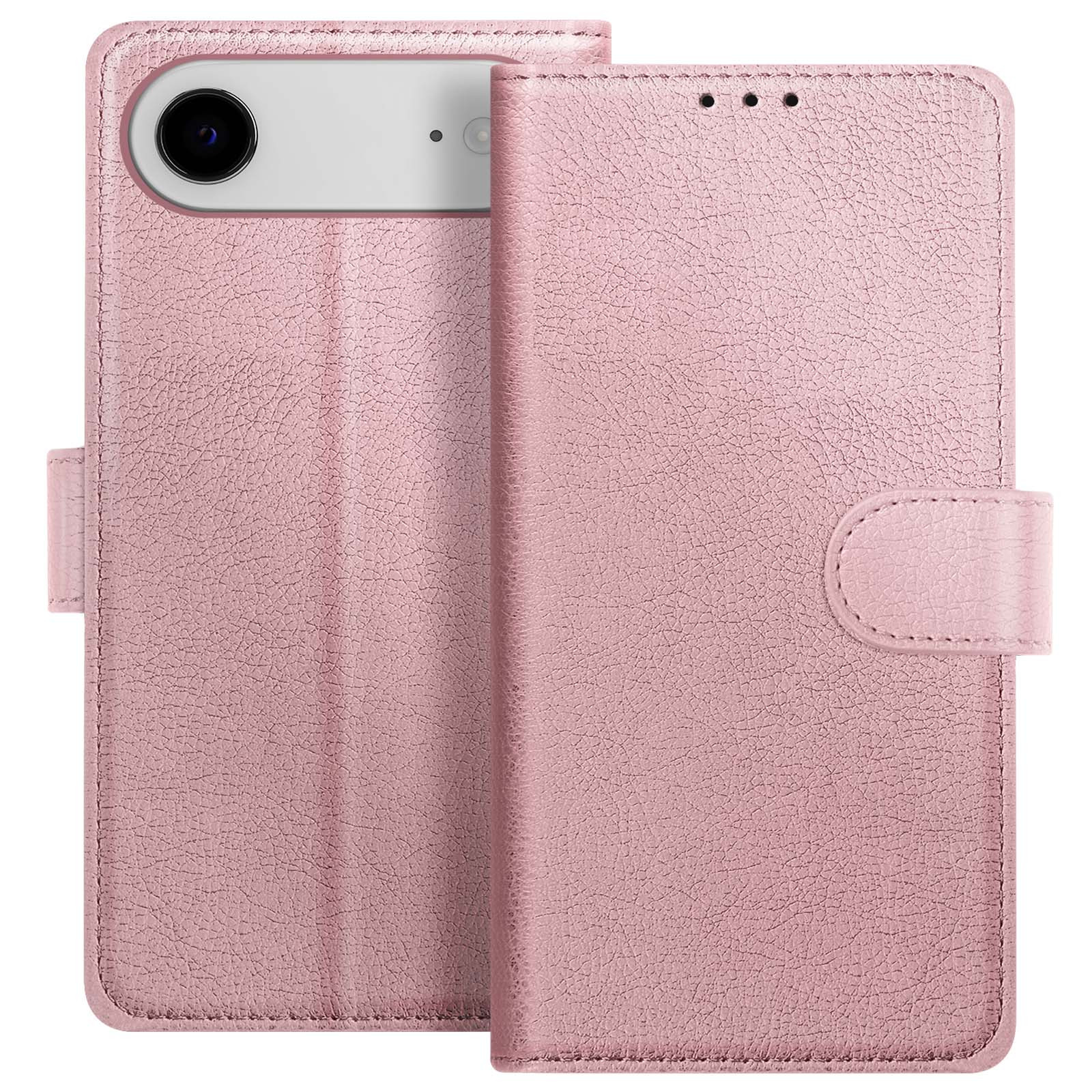 Custodia per telefono in pelle rosa, aperta. Mostra la fotocamera del telefono. Ha una chiusura a destra. Superficie strutturata.