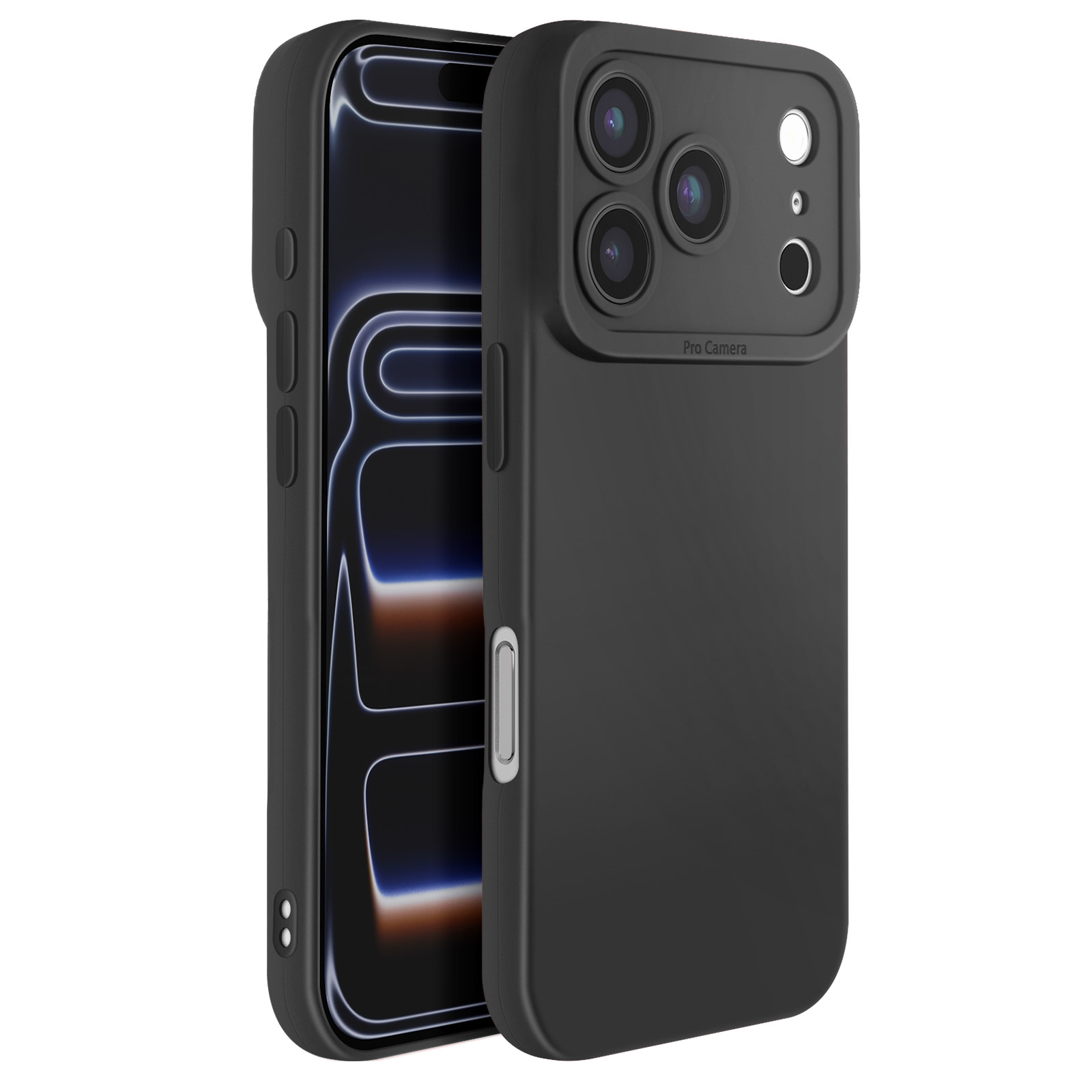 Een zwarte iPhone met bijpassende hoes ligt op een wit oppervlak. De hoes heeft drie cameralenzen.