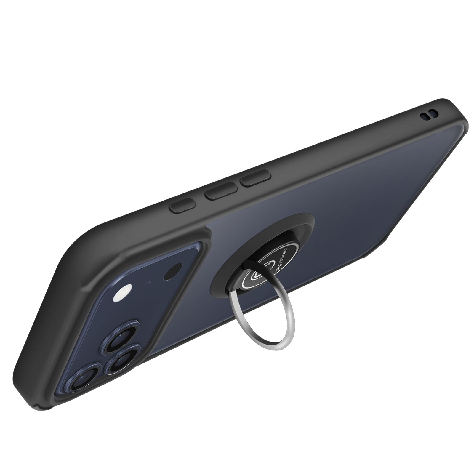 Una custodia nera per telefono con anello. La custodia è su sfondo bianco. Il telefono è blu scuro.