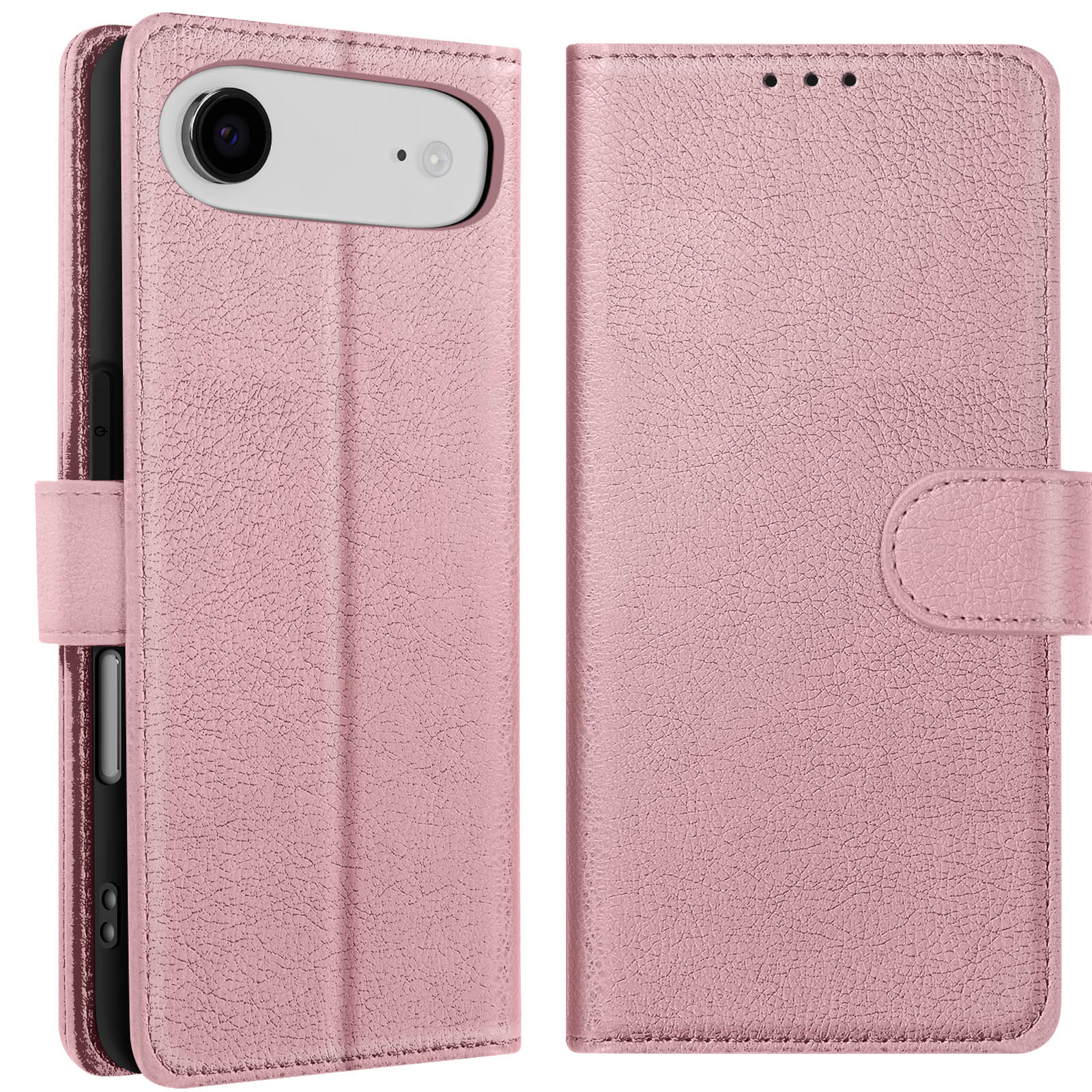Una custodia per telefono rosa aperta. La custodia è realizzata in materiale strutturato. Il telefono è nella metà sinistra.