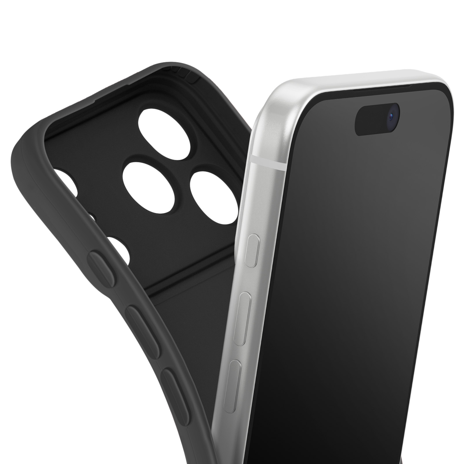 Een zilveren iPhone met zwart scherm wordt gedeeltelijk in een zwarte telefoonhoes geplaatst. De hoes is open.