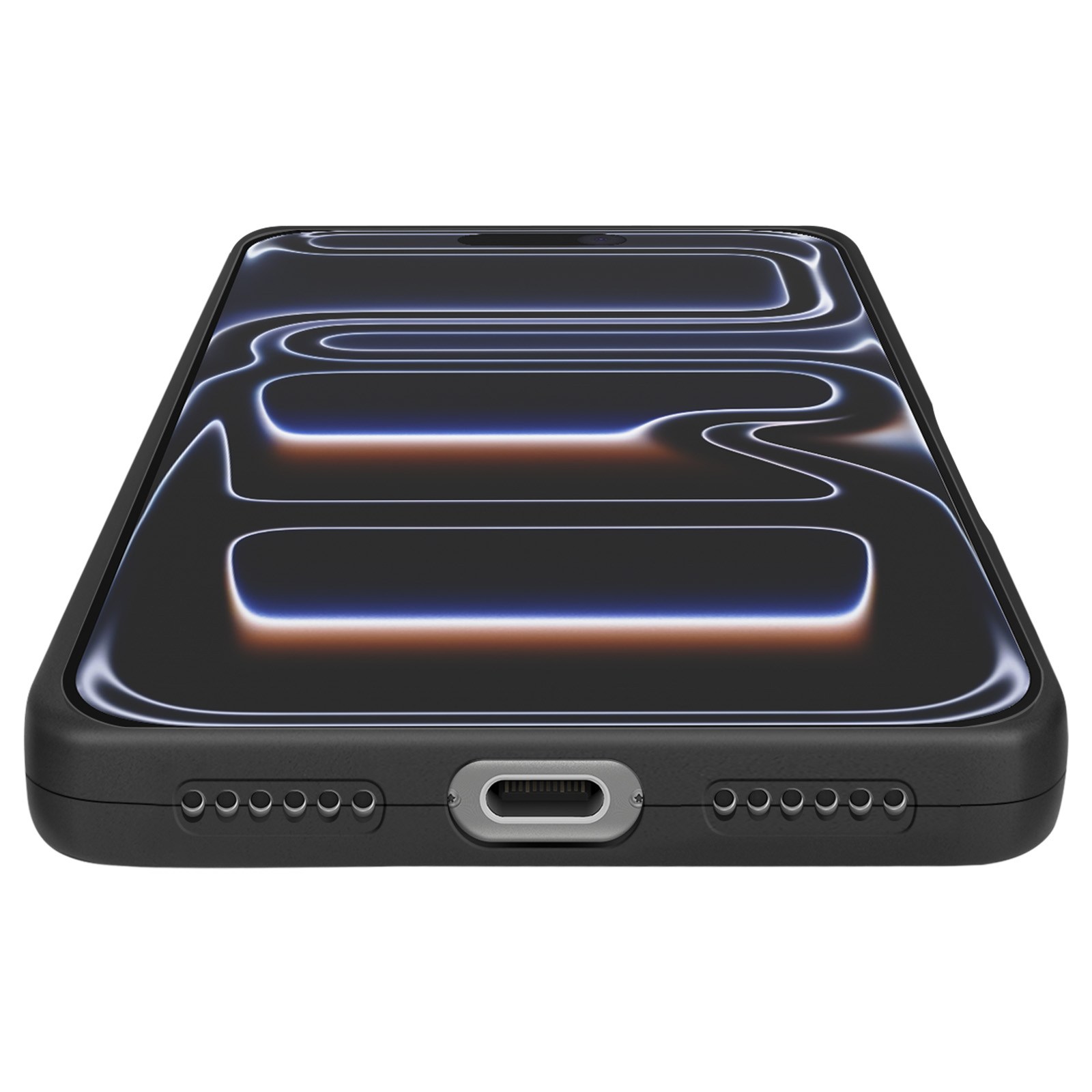 Een zwarte smartphone, schuin, met een oplichtend ontwerp op het scherm. De onderkant heeft luidsprekergaten.