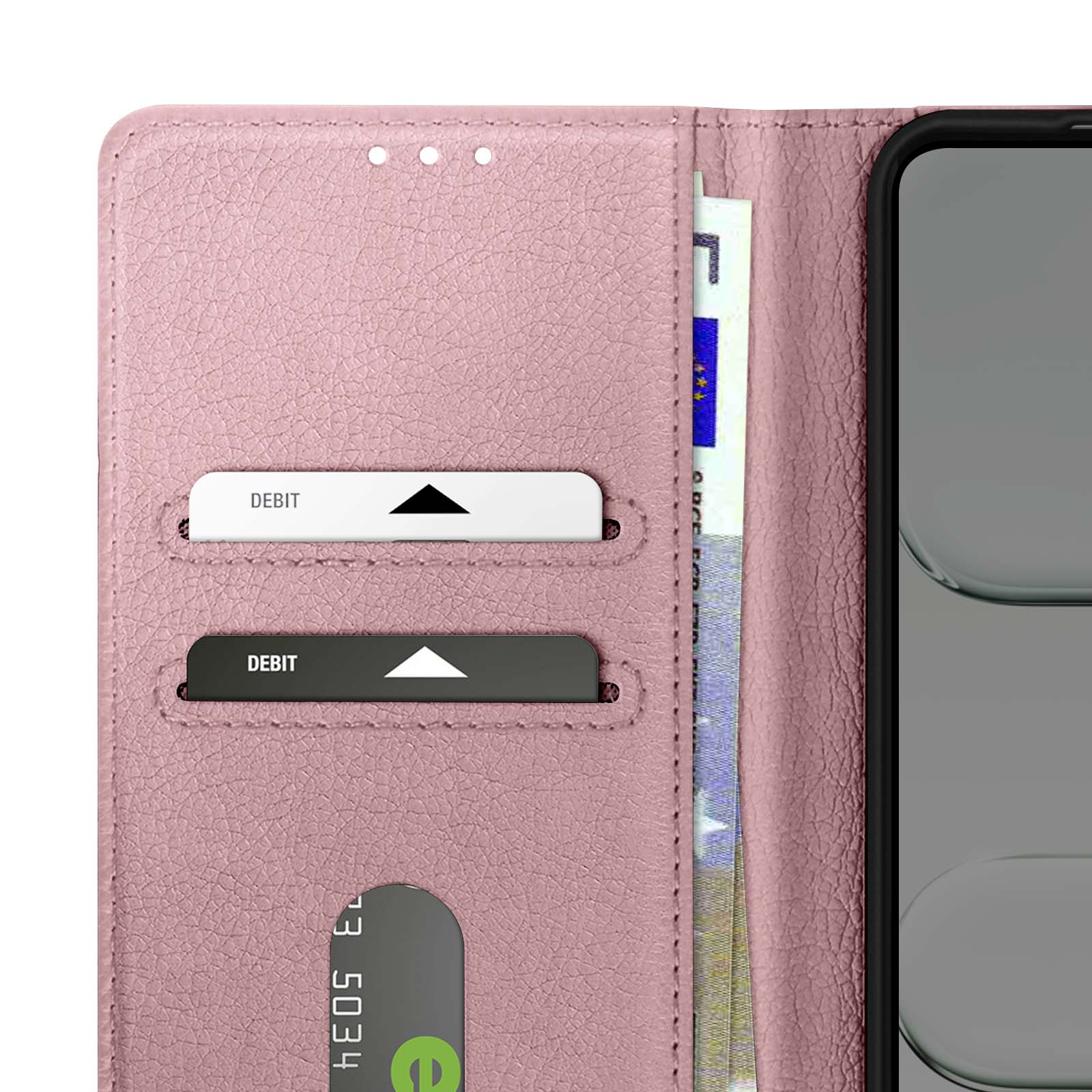 Un portafoglio rosa con carte di debito e un telefono. Una banconota in euro è parzialmente visibile. Lo schermo del telefono è grigio.