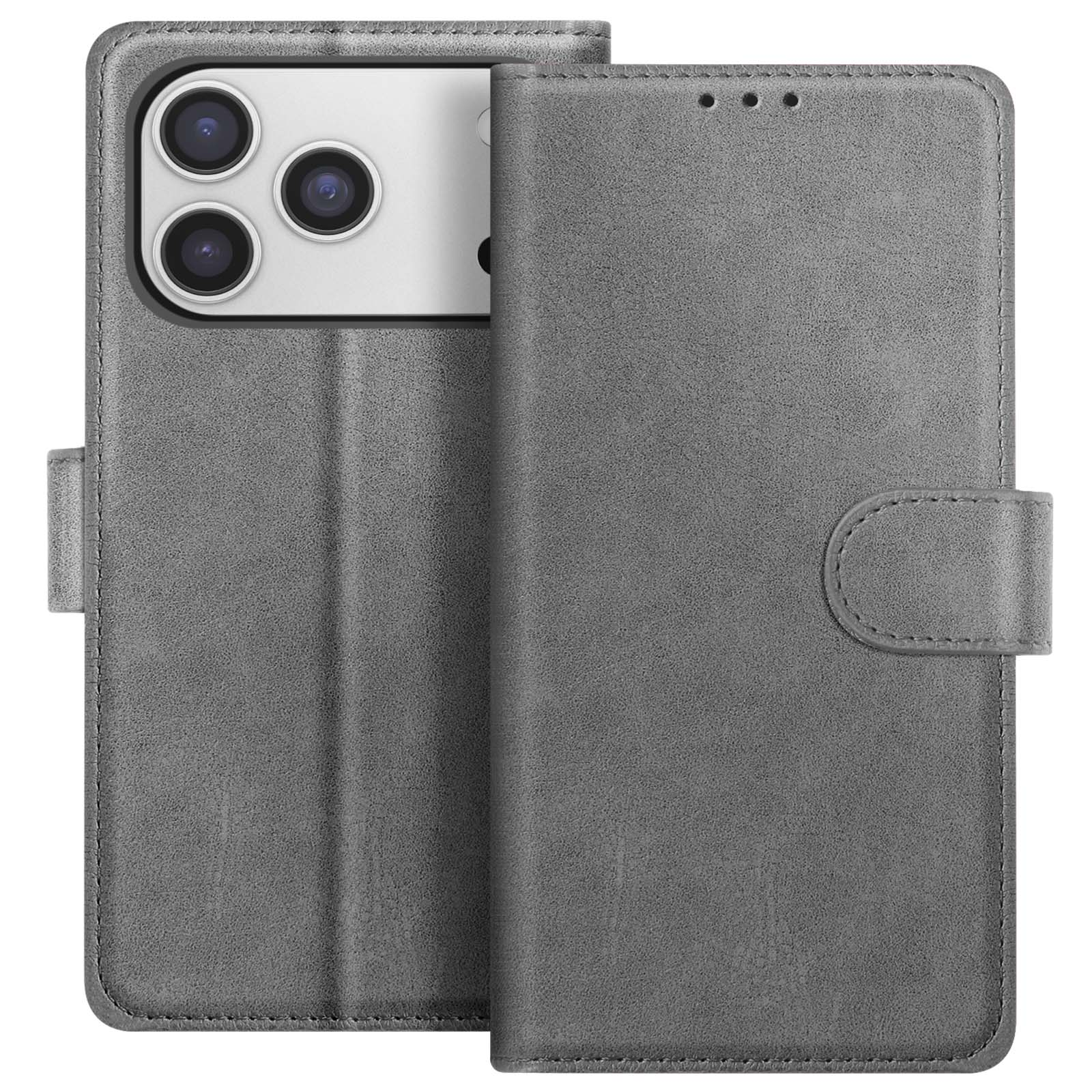 Una custodia grigia per telefono, aperta per mostrare la fotocamera del telefono. La custodia è realizzata in materiale strutturato, con chiusura magnetica.